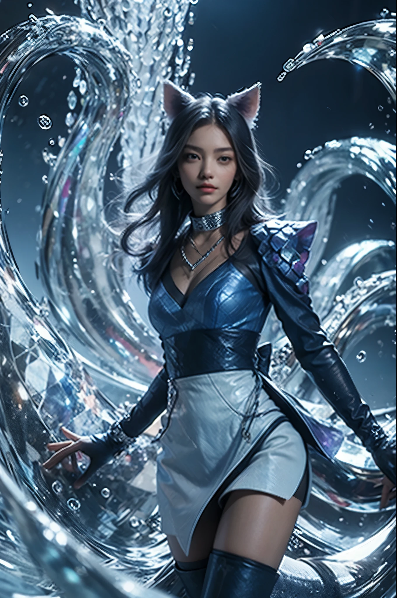 masterpiece, best quality, high resolution, More 1, crown, Sailor Senji, Blue sailor collar, bow, knee high boots, collar, White gloves, blue collar, elbow gloves, jewelry, earrings, blue skirt, Cowboy shooting, sphere, crystal ball, 1girl water yushu water,Ahri, Ahri \(League of Legends\), k/and \(League of Legends\), bloom \(League of Legends\),Animal ears, facial markings, fox ears, fox Tail, orange eyes, multiple Tails, Tail