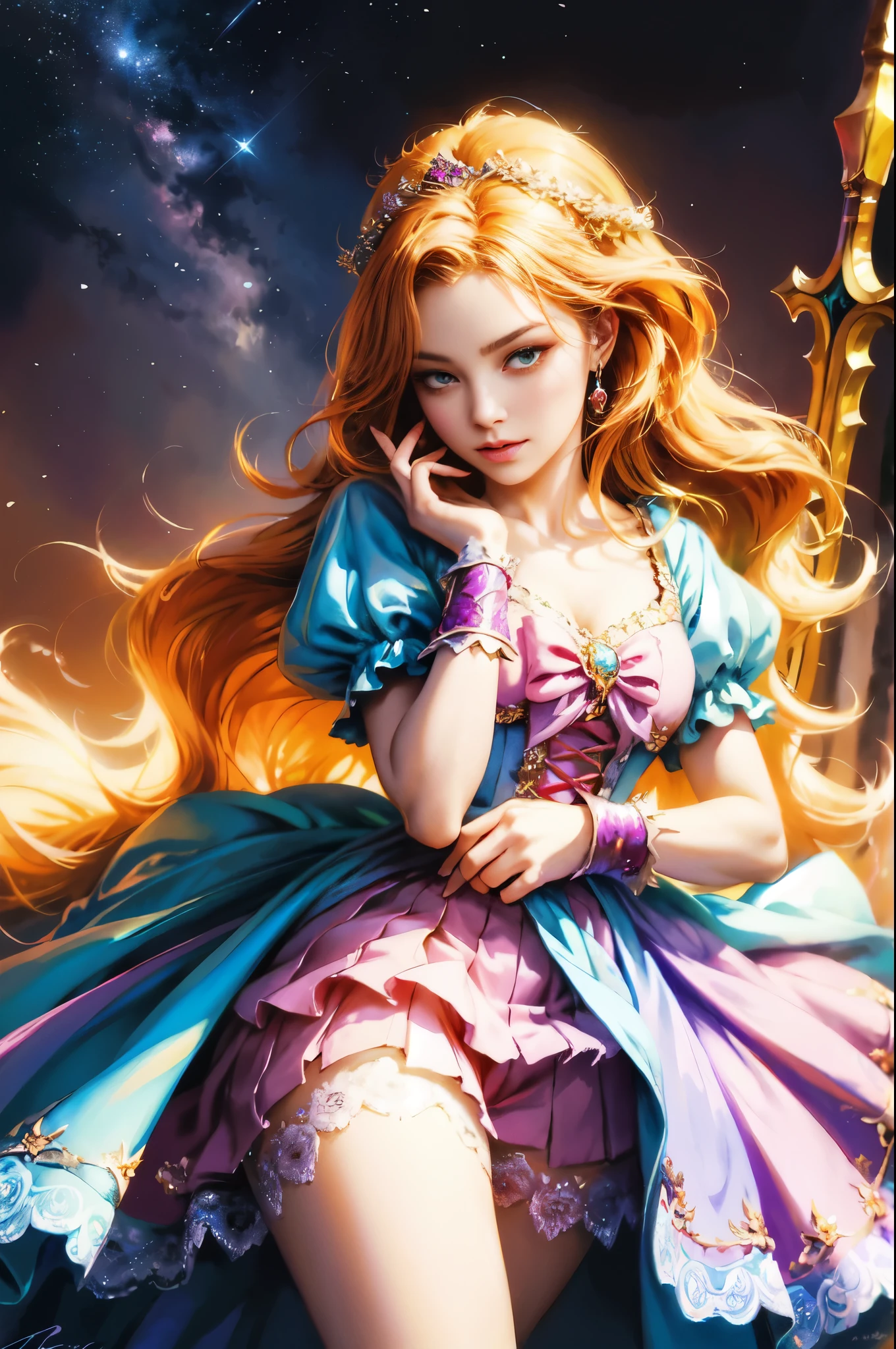 a close up of a woman in a dress with a sword, alice x. zhang, fantasy art style, beautiful character painting, colorfull digital fantasy art, beautiful fantasy art, anime fantasy illustration, anime fantasy artwork, karol bak uhd, ! dream artgerm, vibrant fantasy style, fantasy style art, anime princess, style of artgerm