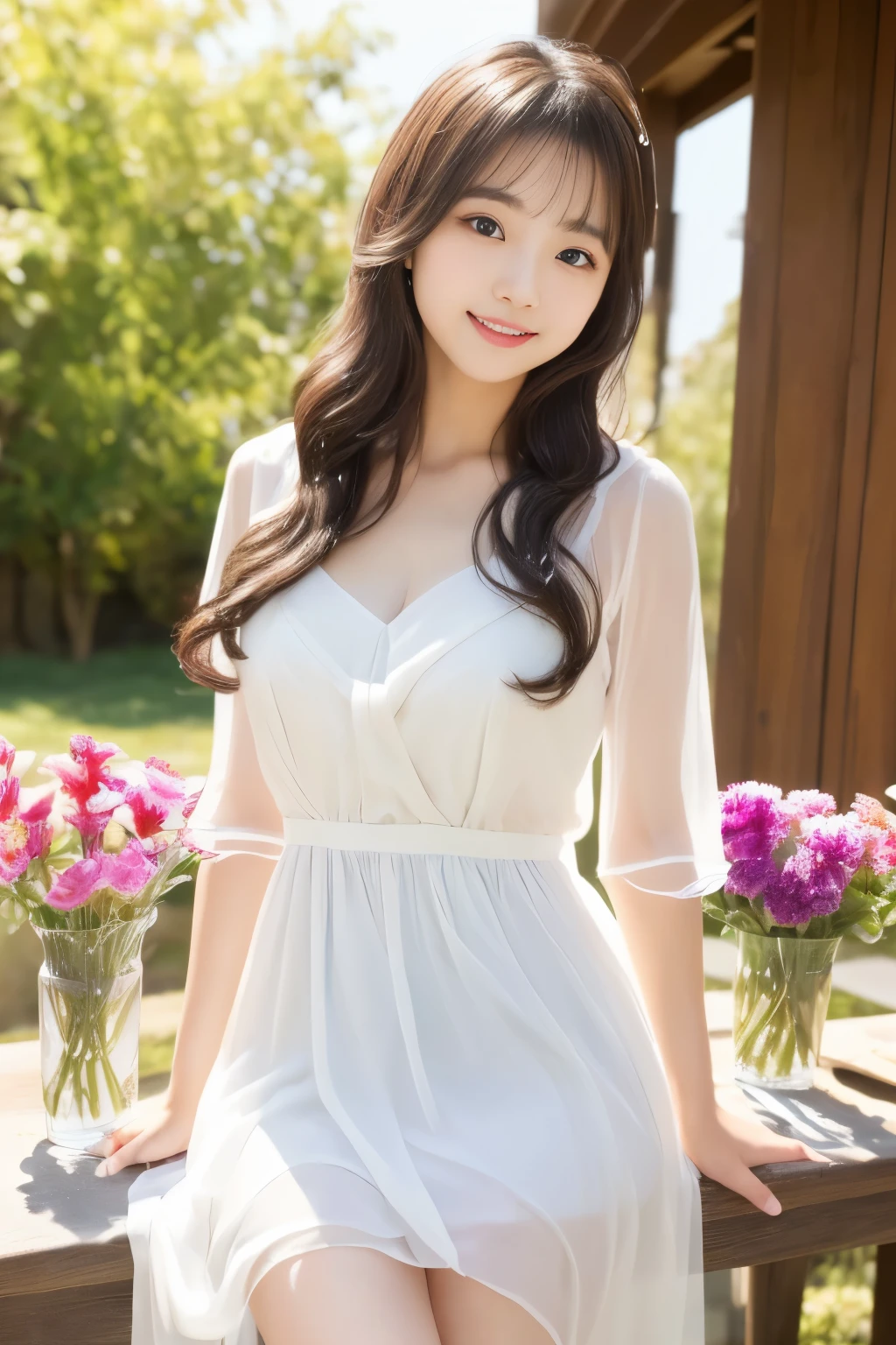 (((masterpiece))), (one beautiful japanese girl, innocence，cute) ，超A high resolution, realistic, super detailed, 8K,highest quality, very detailed, detailed background,Slender,(baby face，cute系,adorable 10 year old girl),(perfect body:1.1)，((Neat and clean hairstyle)，super detailed顔、lip details、detailed eye、realistic:1.37，No makeup，smile，show me your beautiful teeth，short gravure idol，transparent skin、fashion portrait, deep depth of field, 45 degree view, royal sister, kind, ((highest quality, 8K, table top: 1.3)), concentrated: 1.2, stand sideways, very detailed顔と肌の質感, fine eyes, double eyelid, long eyelashes, (skin as white as snow), Whitening skin,  Sheer, soft chiffon dress, long skirt, mercury dress, elegant dress, wearing an elegant slutty dress, soft elegance, stylish clothes, rosy cheeks, peaceful atmosphere, mysterious beauty,