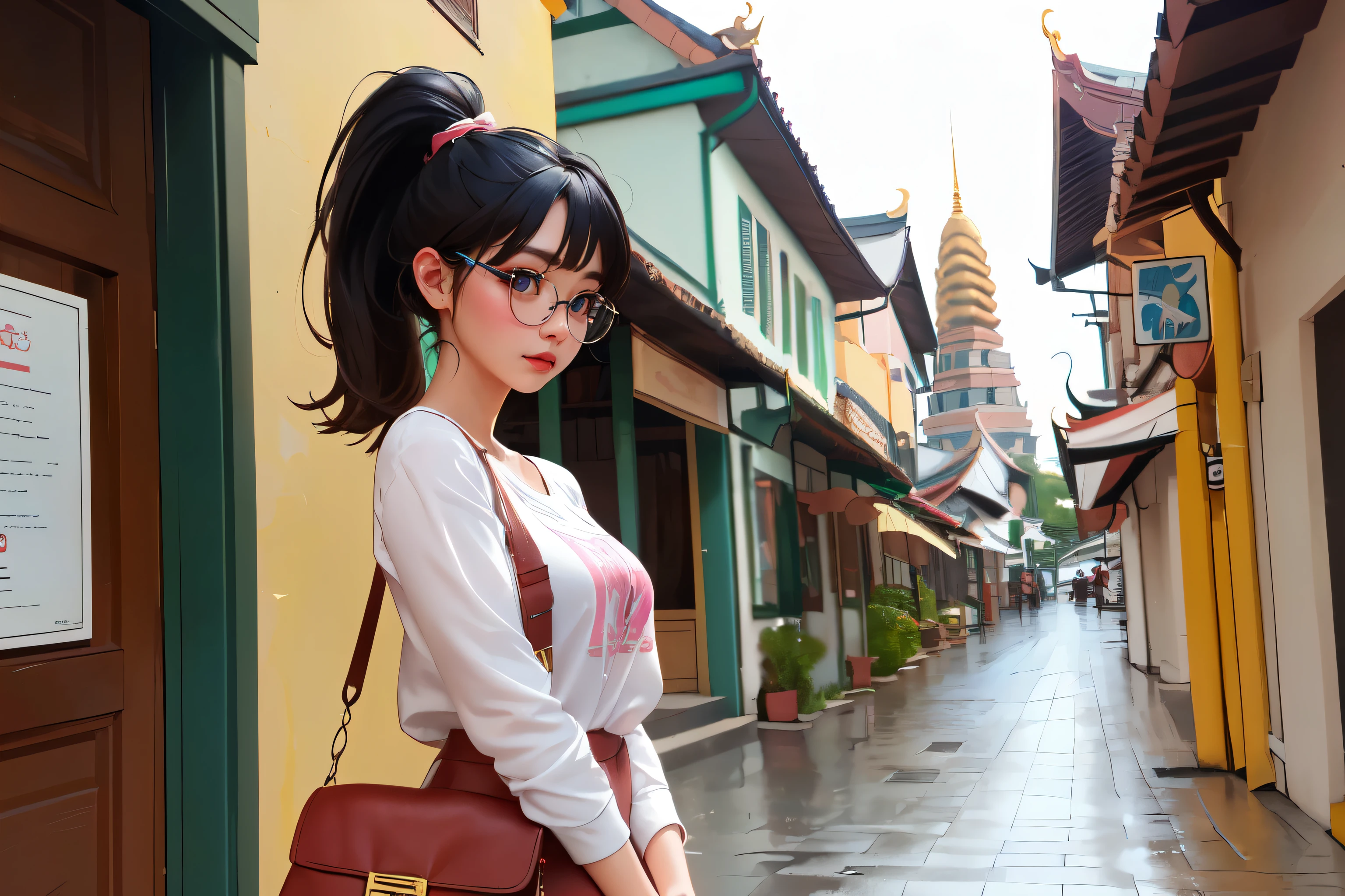 ((wide angle)) beautiful female tourist, black hair, ponytail, smooth, big glass, coat, ((Wearing a skull-style outfit)), morning light, What's Pho?