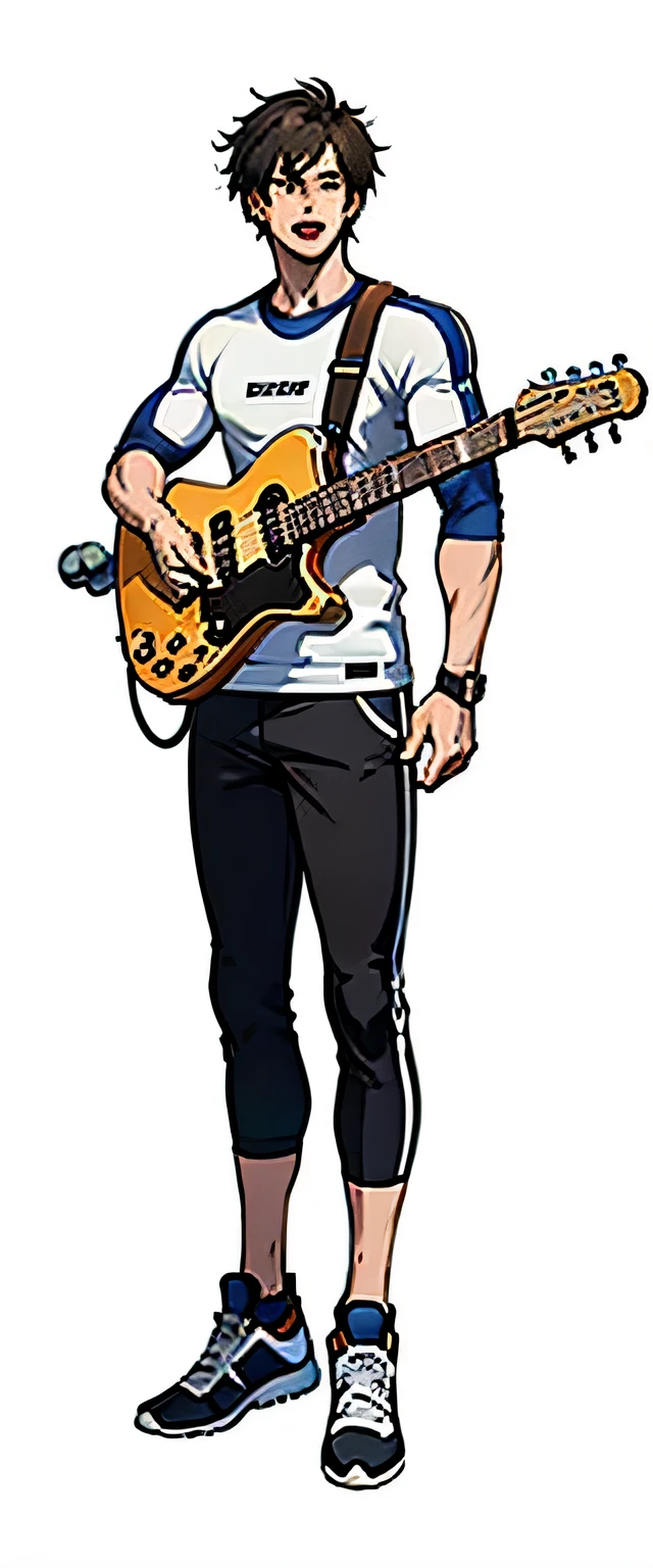male，fitness，sports medicine， anime style，Two dimensions， anime sexy， modern， Futurism， concept art， Ultra HDR， masterpiece， Accurate， Super detailed， very detailed， high quality， 最high quality， High resolution，no background，white background，guitar，Sing, sing，