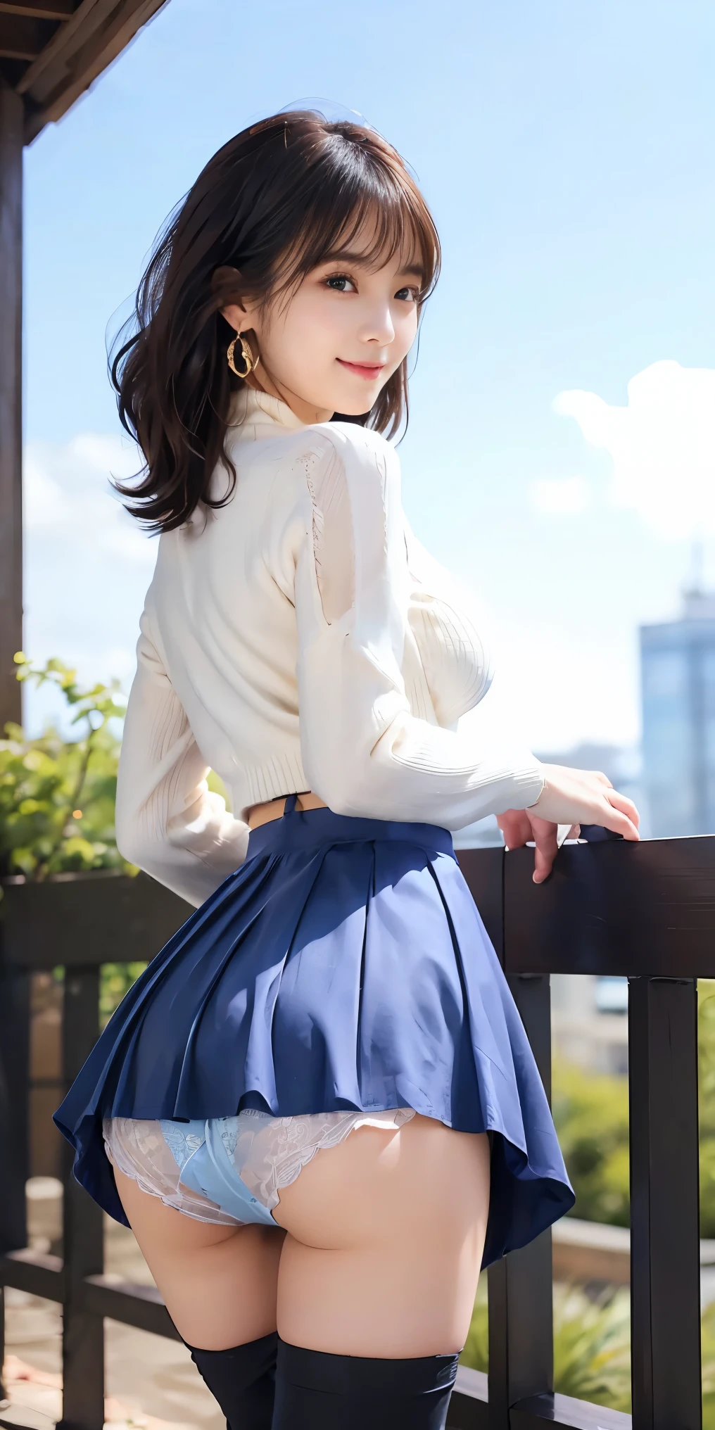 woman, 20-year-old, short black wavy hair、bangs、plump nipples、(White Turtleneck Knit)、(blue long skirt), black stocking dium milk, cute smile、((Pose that emphasizes the buttocks、looked back))、sexy hips、black high heels、big necklace、((((the wind blew my skirt, expose my panties...))))、(Light blue lace panties)、cute earrings、(tilt your head a little)