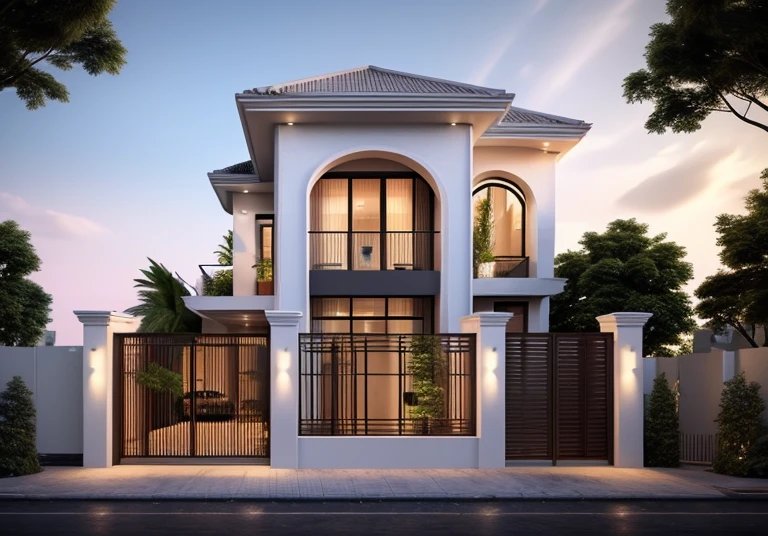 Perspective of a modern house with a large enough front yard, main materials are light yellow walls, stone and wood, a road running in front of the house, (RAW photo, real, best quality, masterpiece: 1.2), current view modern minimalist, 1 street in front of house, shime ring light, indoor brightness:1.2, dynamic lighting:1.3, (hyper-realistic, photo-realistic:1.2), high quality, daylight, contrast high:0.5 perfect light, Archdaily, contemporary masterpiece award, award winning contemporary, beautifully designed masterpiece, spacious modern mansion, modern neo-traditional, wide angle exterior 2022 , mid-century modern, contemporary home, stylish modern feel, long front view, award-winning modern design, stunning lines, residential, exquisite details, indoors gently:1.3, Palm tree, car