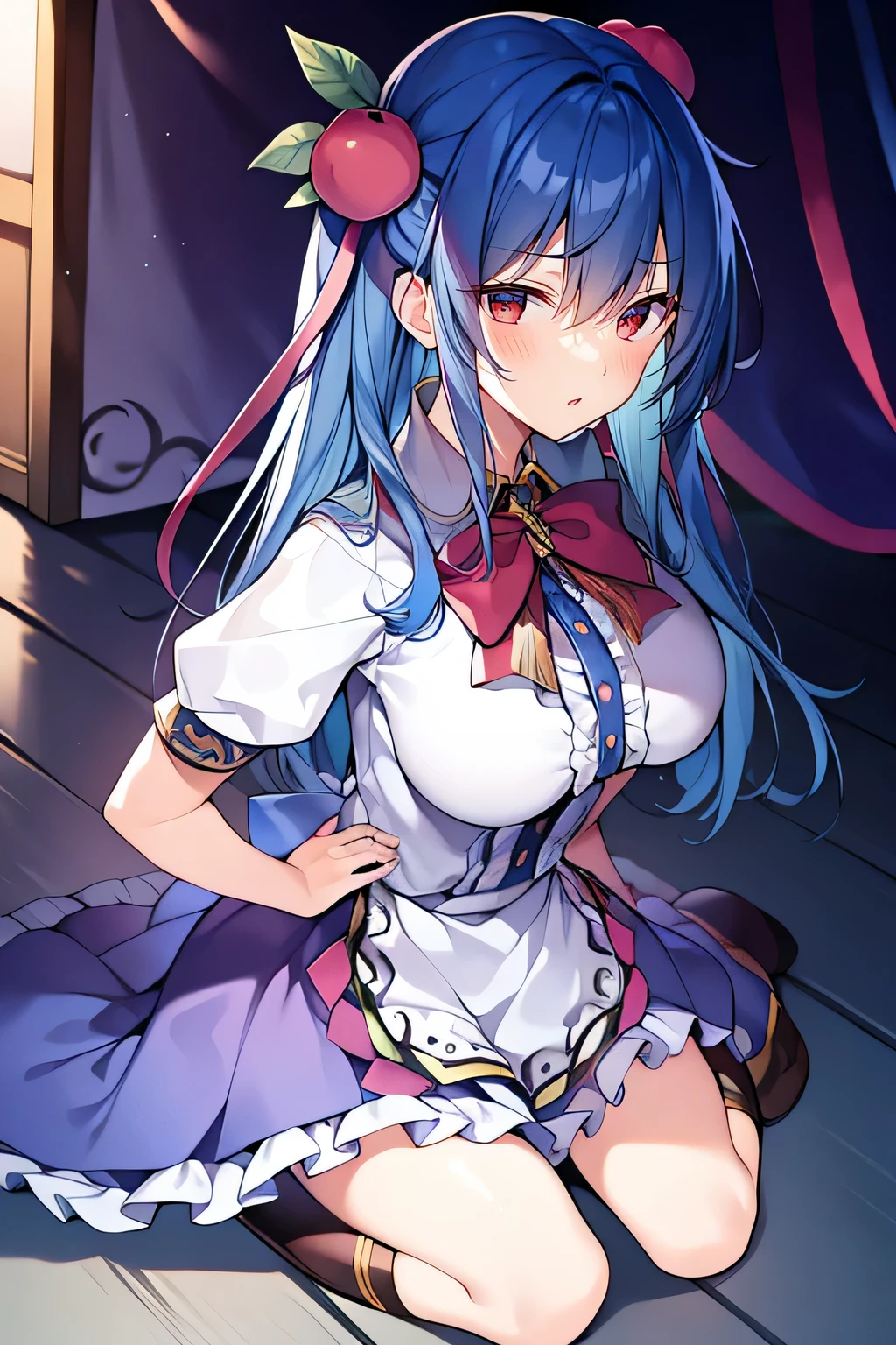 (masterpiece),best quality, expressive eyes, perfect face, 1girl,
big breasts, H cup, Good breasts, Put your hands on your waist,Fair, Gorgeous,japanese manga,girl,Laura,young angel, blue hair, blue haired,tent , tent chest, tent breast, floating clothes,grab your waist, grab your waist, hands on hips , hands on hips,sit, sit on ground, legs on the ground