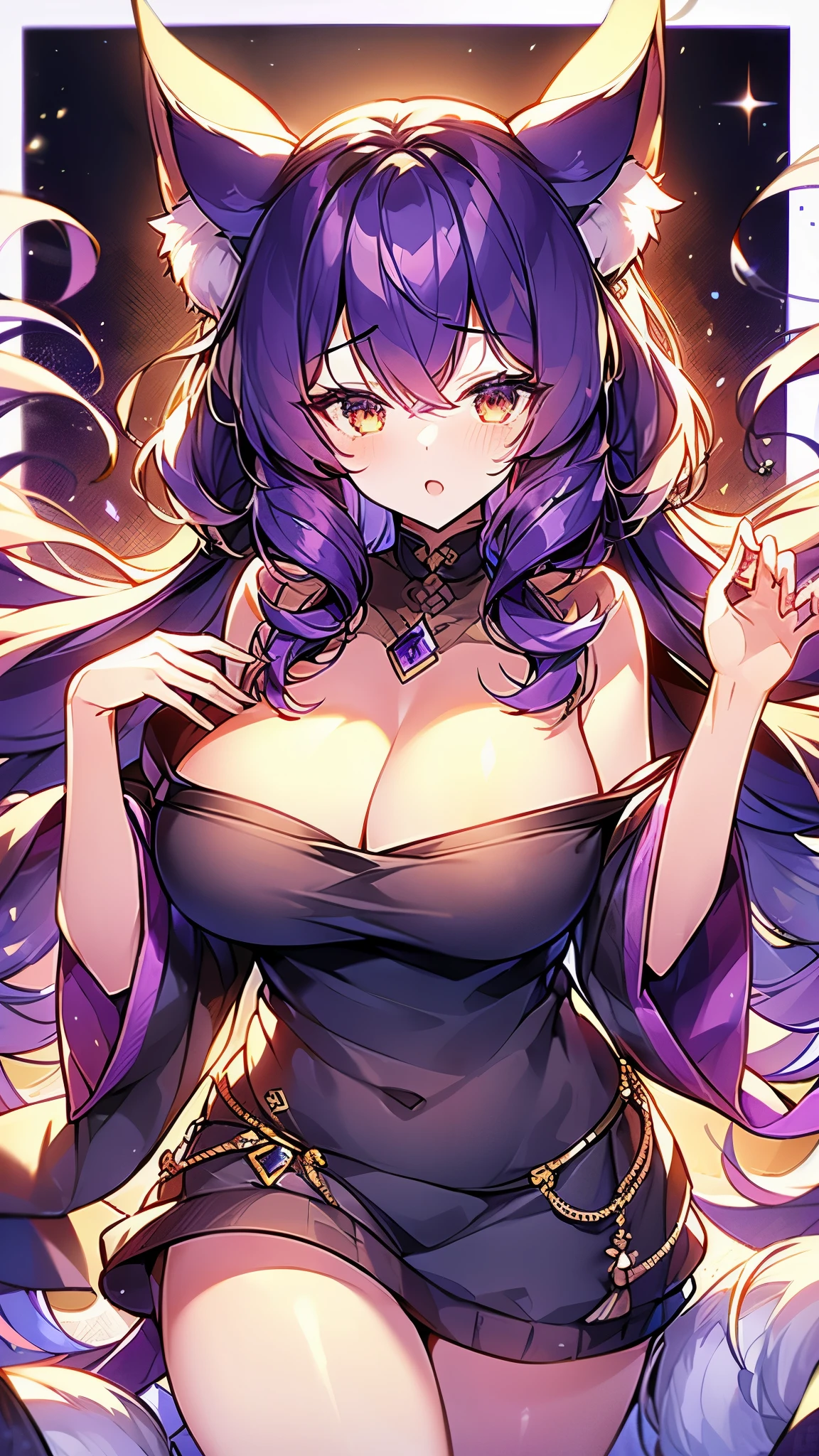 Kitsune girl with purple curly hair, white fox ears, amber eyes color, 179cm height, cold appearance, revealing forehead, revealing star symbol on forehead.