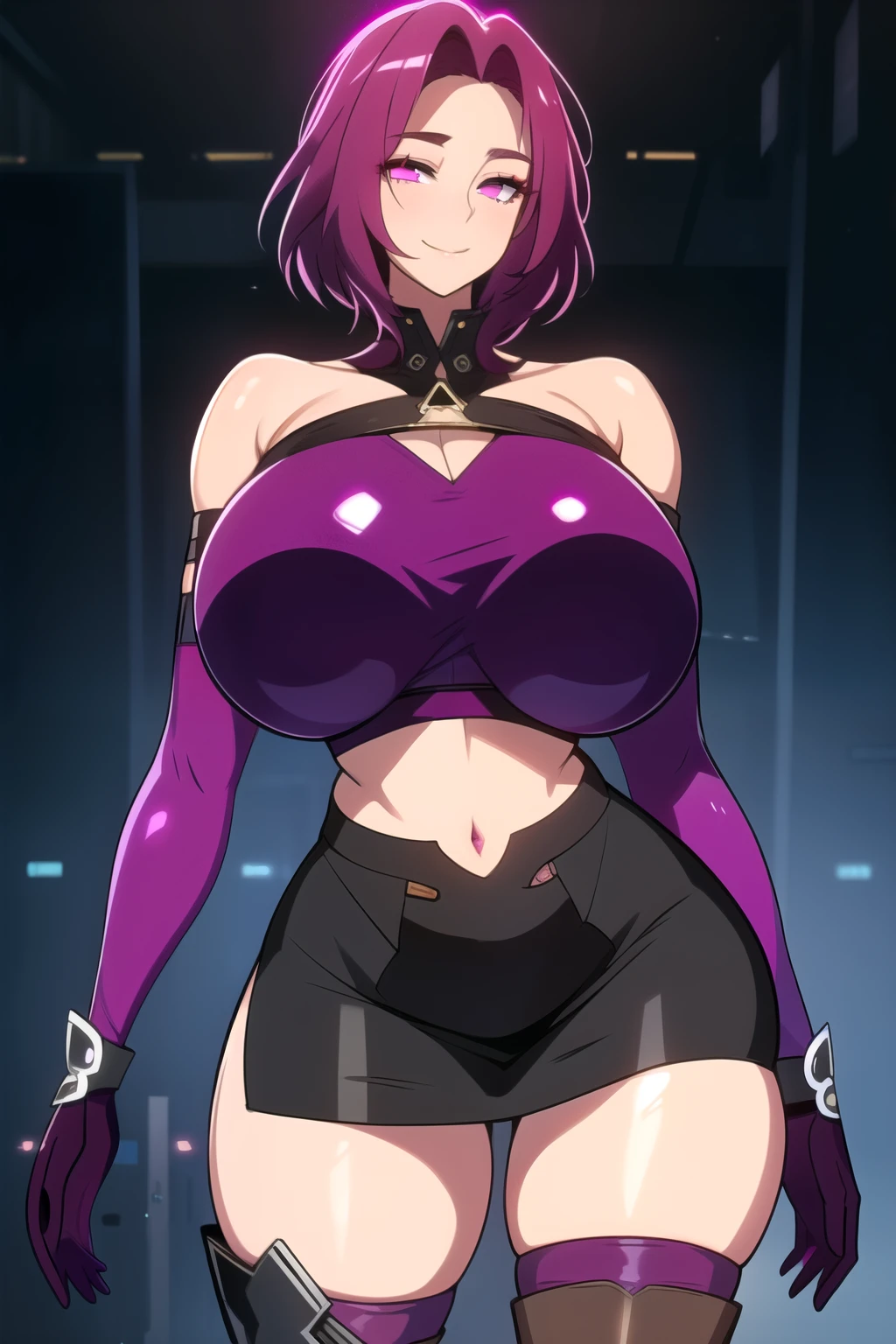 masterpiece, best quality, absurdres, 8k, perfect shadows,perfect lighting,hdr, cowboy shot,shiny skin,skindentation, beautiful body, kafka, ((magenta hair: 1.4)), long hair, purple eyes, (crop top, underboob, elbow gloves, thigh boots, split skirt, bare shoulders, curvy, midriff, curvy, thighs, higheels, shiny clothes), complex detailed background, inside, luxury palace) (gigantic breasts,hourglass body, thin waist,very slim waist)extremely detailed face,detailed eye makeup, detail face, nice detailed eyes,nice hands, perfect hands (realistic pupils,realistic iris:1) heavy eye makeup,glowing eyes, Bright eyes,standing,standing at attention,(seductive smile), gigantic breasts, curvy