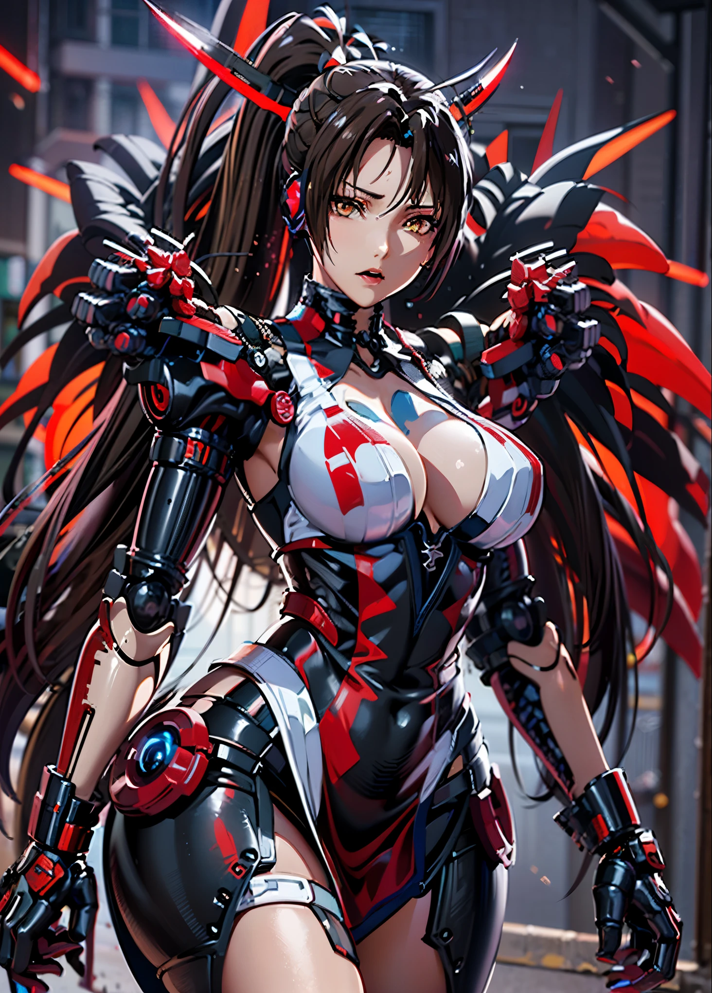 girl 1、highest quality、masterpiece、超A high resolution、Arad woman in futuristic suit with red mechanical wings and sword, A girl wearing a black shiny mechanical cyber armor.., cyberpunk anime girl mecha, anime robotと有機物が混ざり合う, Mechanized Black Valkyrie Girl, perfect anime cyborg woman, cute cyborg girl, female mecha, A simple futuristic cyborg, beautiful girl cyborg, beautiful robot character design,((Super realistic details))， Realistic character art rendering 8K, anime robot、(red glowing eyes)、(have a sword)、((mai shiranui))、long and high ponytail、((mechanical dress:1.3))、((attack posture:1.6))、4k、(((highest quality)))、(((mechanical headgear:1.3)))、(((very well-groomed face:1.3)))、(((No expression)))、(((cyber headphones:1.3)))、(((long ear antenna:1.6)))、(((Anime related)))、(((Eyes of the machine glowing red:1.3)))