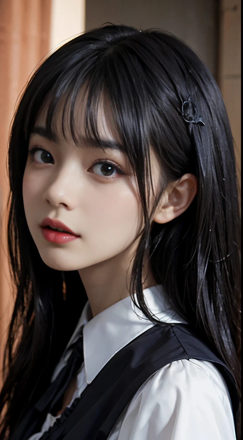 top-quality　​masterpiece　8K  ultra-detailed face　One woman wearing colorful Gothic Lolita　Full body photo　kawaii pose　Sexy Pictures　Focus on the face　Close-range photography　profetional lighting　Vibrant photo　Happy expression　Sullen expression　Ecstatic look Sex appeal　Shiny wet crow hair　Gloss　Bruises and cuteness　Unreality　absurderes　Heavy bangs　Lots of skin tones   Cute