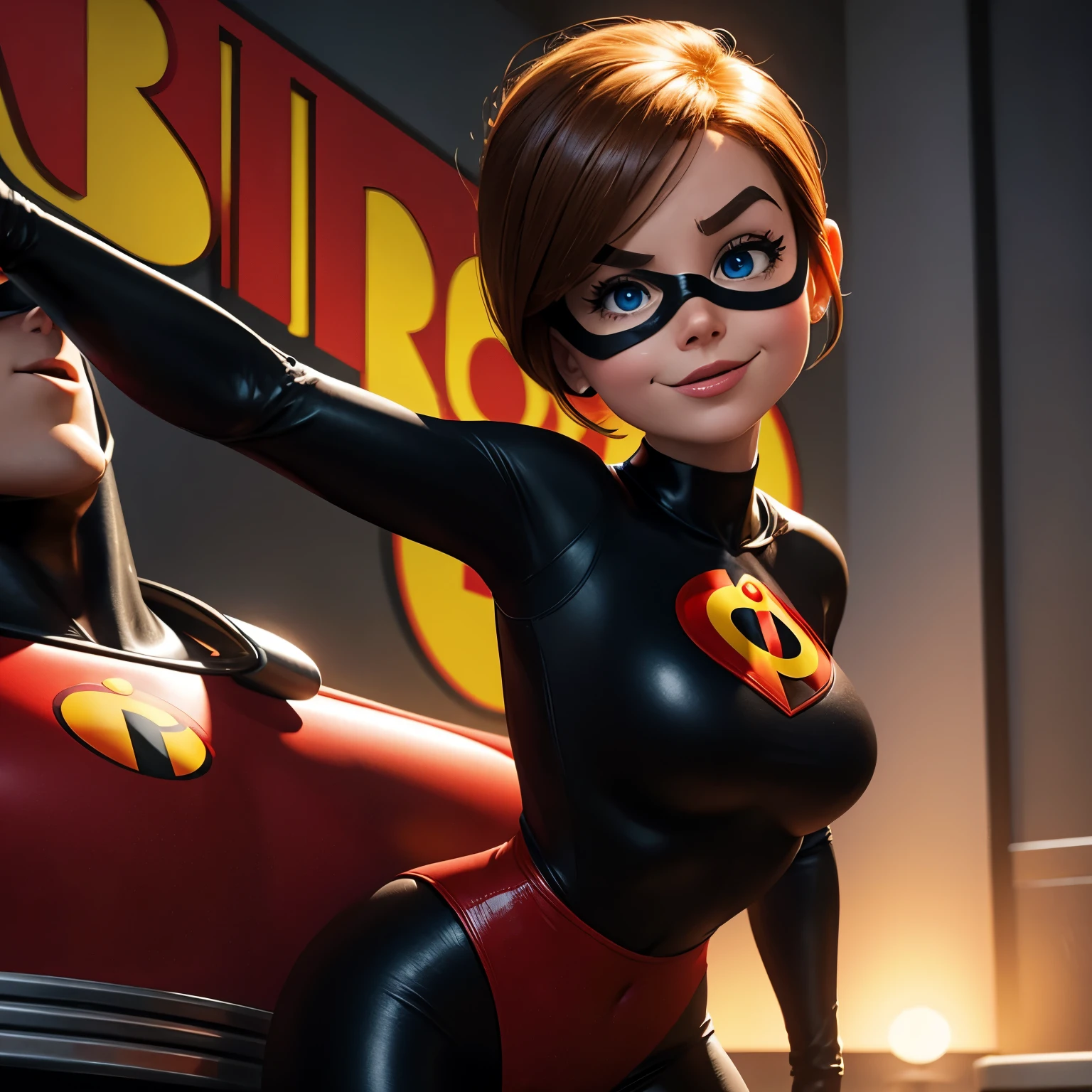 Helen Parr, defined face, defined eyes, full lips, thin upturned nose, orgasmic expression, defined figure, thick legs, thin waist, huge breasts, detailed delicate hands, much more voluptuous, more muscular, much more lascivious, suck cock, titjob , blowjob, riding cock, hard sex, Helen Parr riding Dash's penis