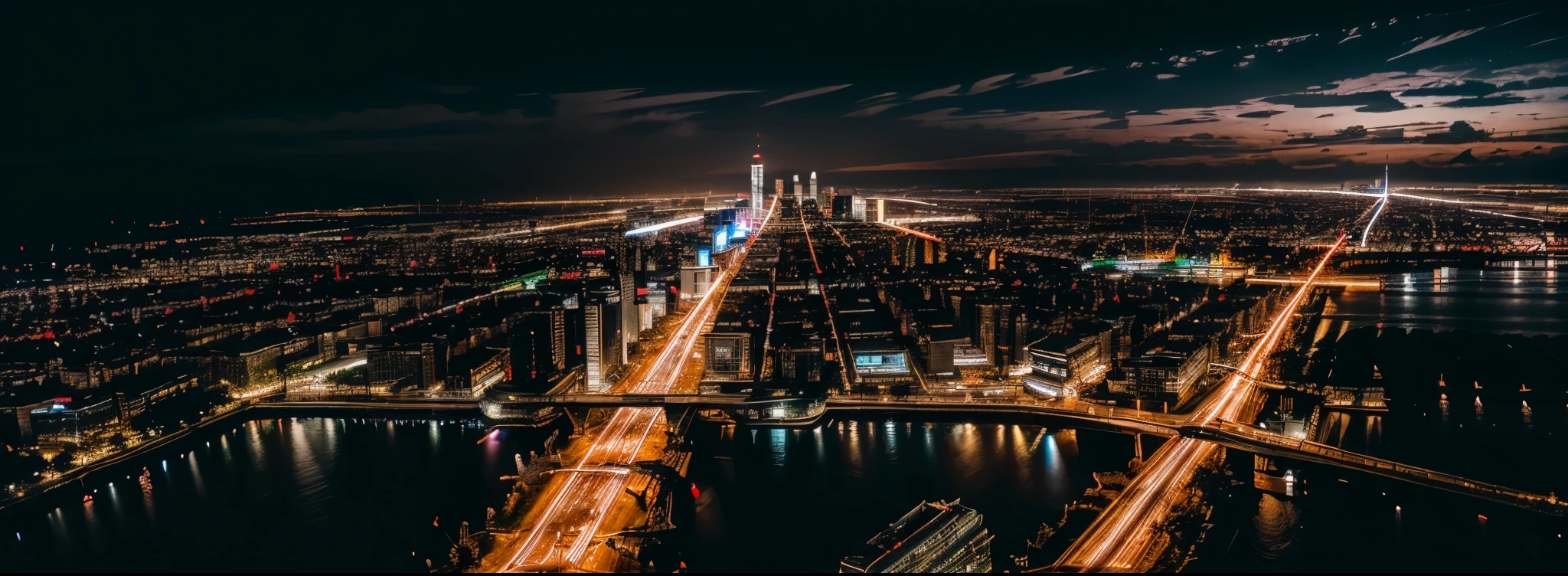 ultra wide shot of night city, Cyberpunk,cinematic style,8k,extremeangle, RAW photo,photo-realistic,masterpiece,best quality,highres,extremely detailed,intricate details,absurdres resolution,High quality