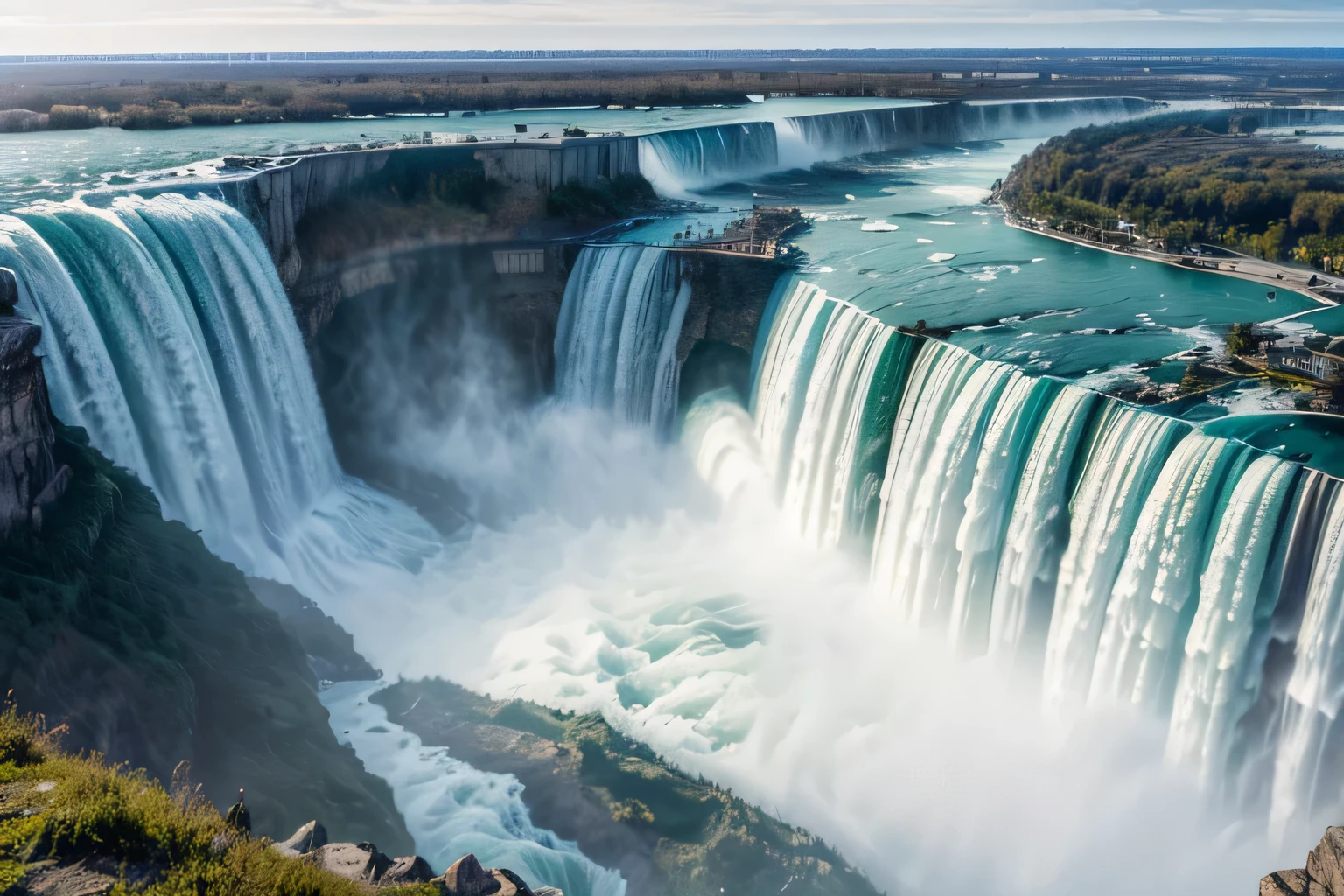 ultra wide angle, niagara falls, large amount of water, grow, overwhelming, panorama, A historic building, wonder, (best configuration), (masterpiece), (highest quality), (Ultra high detail), intricate details, texture with intricate details, (highest quality )
