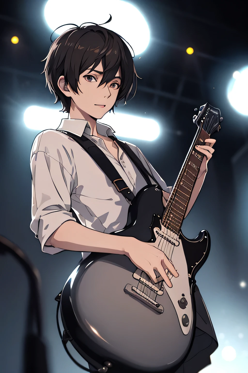 one man, messy short hair, Electric guitar, focus only, (written boundary depth, diffused lighting, blurred foreground, blurred background:1.3), in the atmosphere, lights flashing, intricate details, improved lighting,Standing picture,front,