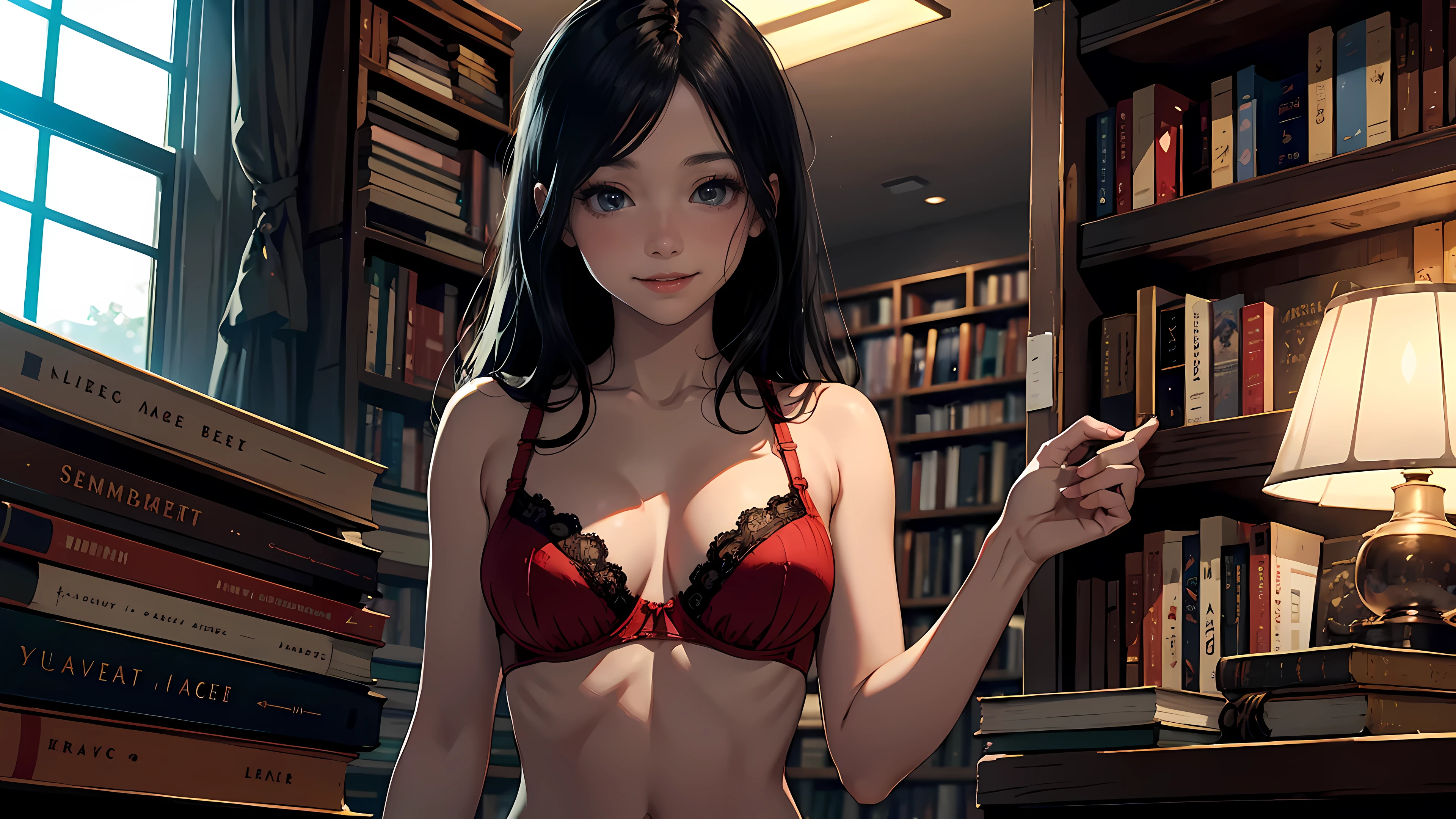 21 old girl,
long black hair, big eyes, sweet smile, small breasts,
red bra, red panties,
bookstore, public bookstore, bookshelves,
open door, open window,
dramatic lighting, cinematic lighting, Rembrandt lighting,