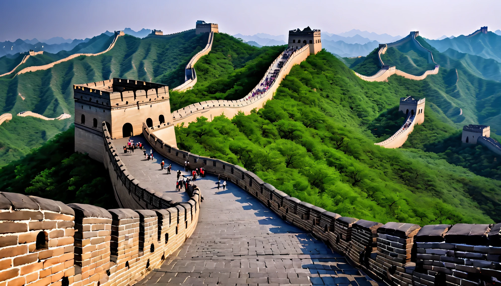 ultra wide angle, great wall of china, Many tourists, grow, overwhelming, panorama, A historic building, wonder, masterpiece 