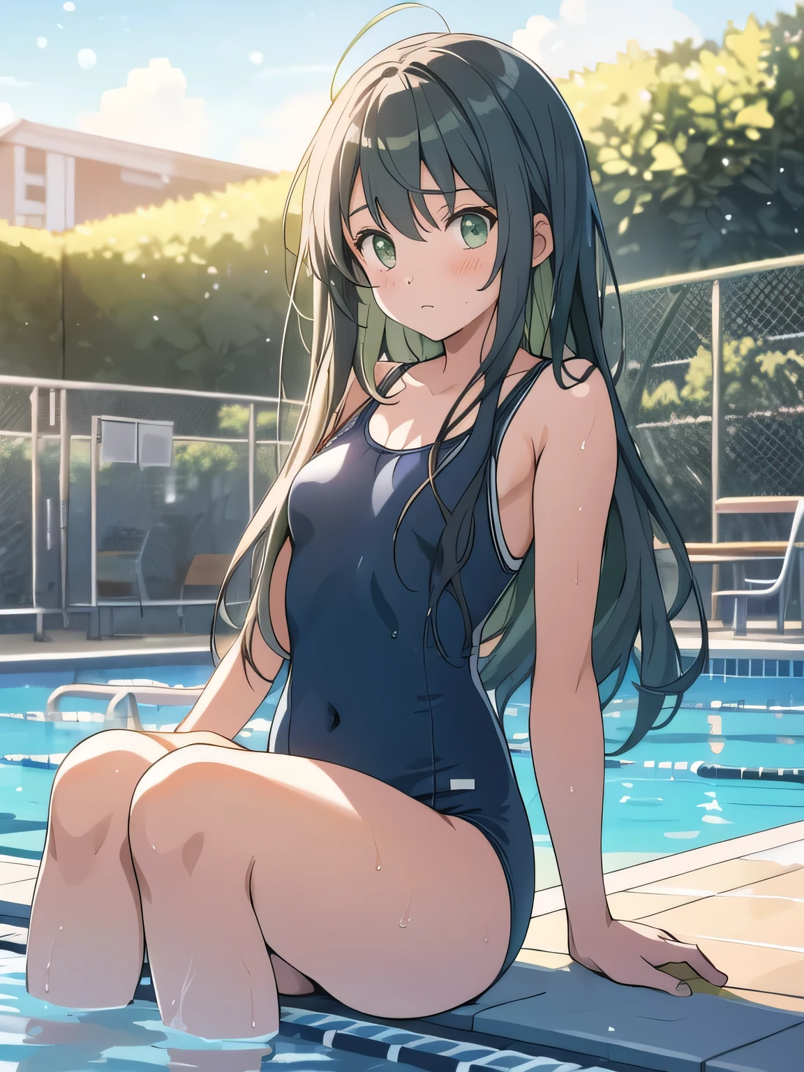 1 girl, 14 years, grey long hair, green eyes, school swimsuit, Sitting in the pool, sad, morning