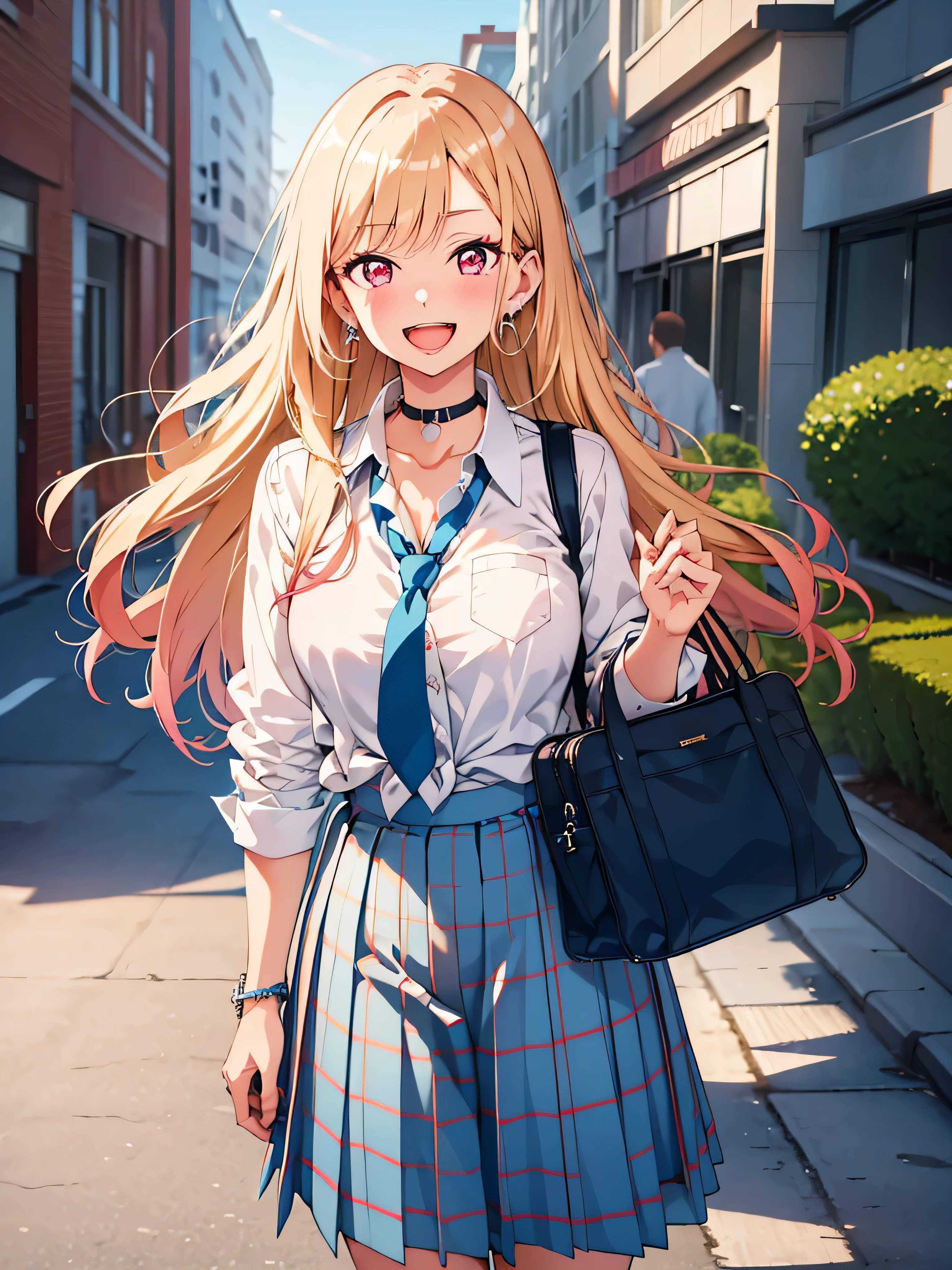 (((masterpiece))), Full HD, marinkitagawa, 1 girl, long hair, looking at the viewer, blush, smile, open your mouth, skirt, blonde hair, big breasts, shirt, red eyes, 1 boy, holding, cleavage, jewelry, , white shirt, :d, pleated skirt, earrings, outdoor, tie, teeth, focus only, choker, collared shirt, bag, blurry, bracelet, blue skirt, plaid, blurry background, black choker, plaid skirt, Telephone, earrings, cellTelephone, ear earrings, holding Telephone, school bag, blue tie, tied shirt, bead bracelet,
