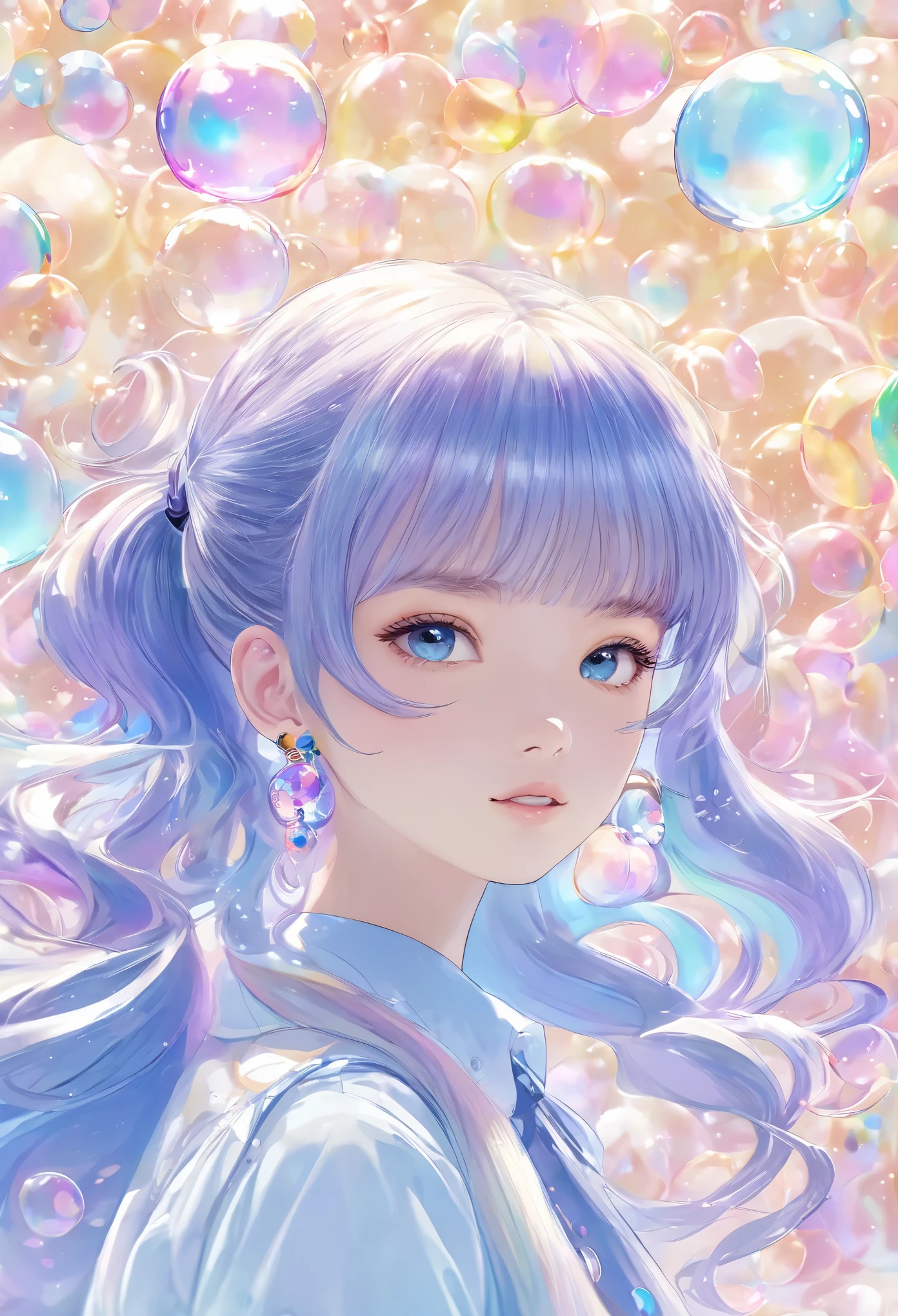 (masterpiece), (best quality), (Super detailed),(disheveled hair),(illustration), (1 girl), (fashion clothing), permanent, fashion model, looking at the audience, (interview), (Simple background),Beautiful and delicate eyes, Exquisite and beautiful face, floating,(high saturation),(colorful splash),Colorful bubbles,(shining), focus on face, ponytail, Ayaka Uesou, light blue hair, Bangs, hair ring, floating花朵, floating hair, (shining), best lighting, best shadow,