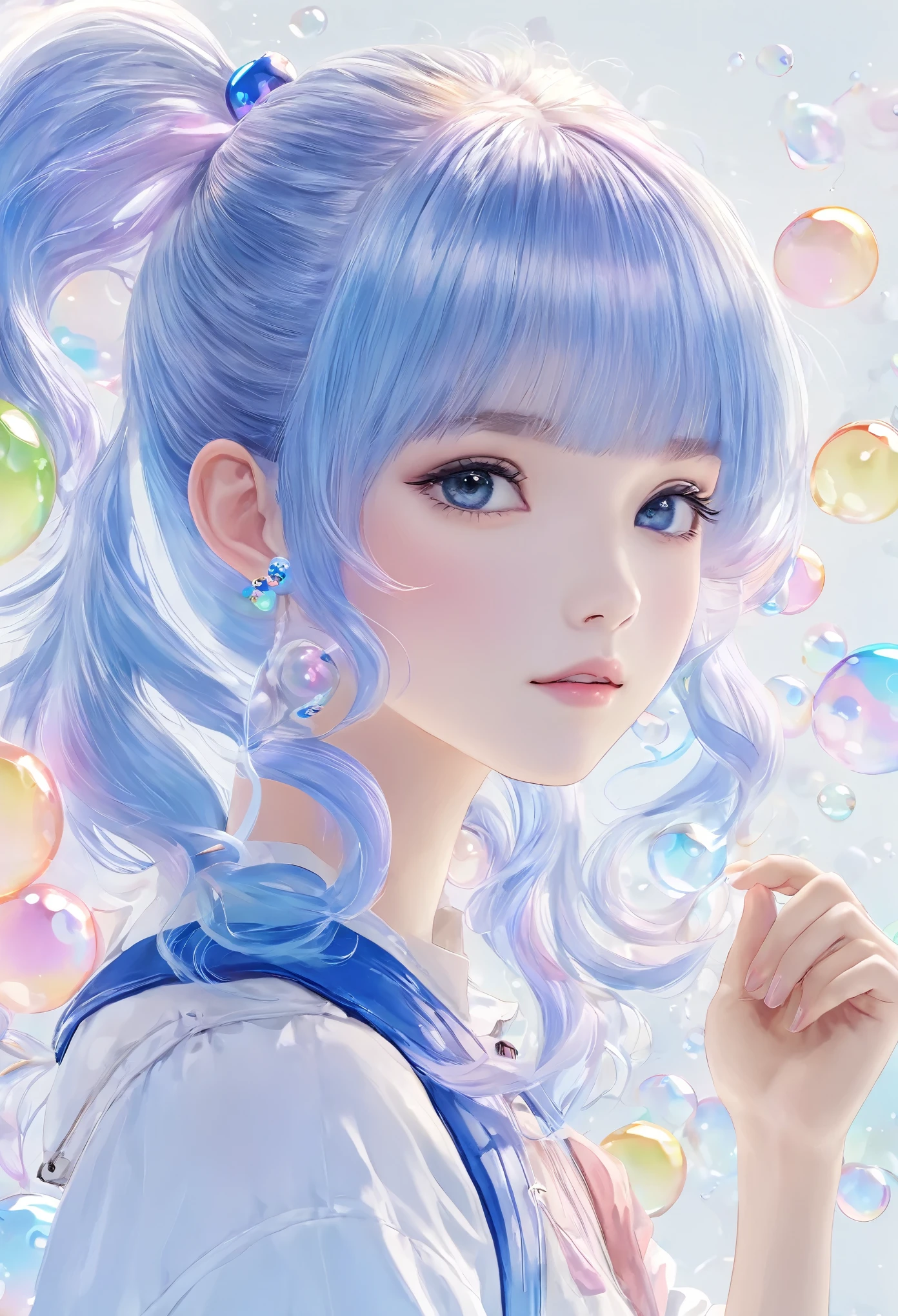 (masterpiece), (best quality), (Super detailed),(disheveled hair),(illustration), (1 girl), (fashion clothing), permanent, fashion model, looking at the audience, (interview), (Simple background),Beautiful and delicate eyes, Exquisite and beautiful face, floating,(high saturation),(colorful splash),Colorful bubbles,(shining), focus on face,  ponytail, Ayaka Uesou, light blue hair, Bangs, hair ring, floating花朵, floating hair, (shining), best lighting, best shadow,