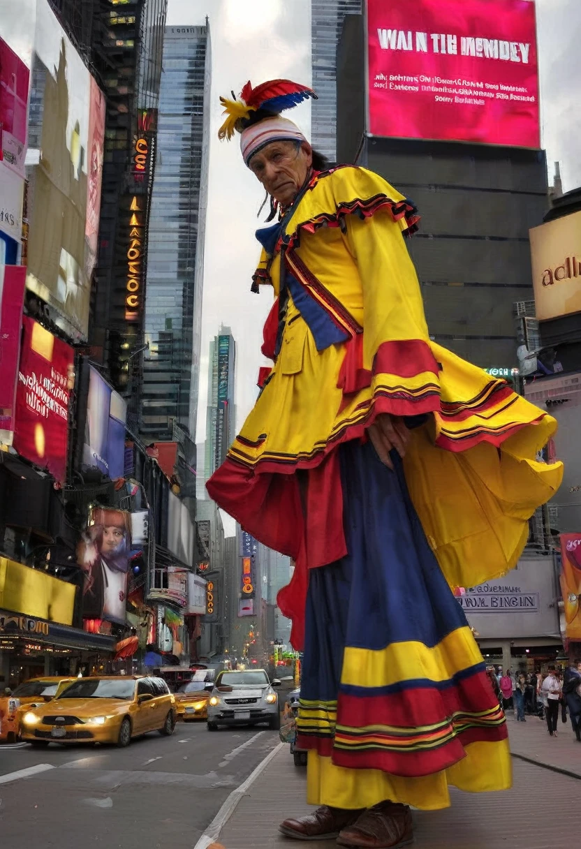 a giant man walking in between building s in Times Square dressed in Colombian attire