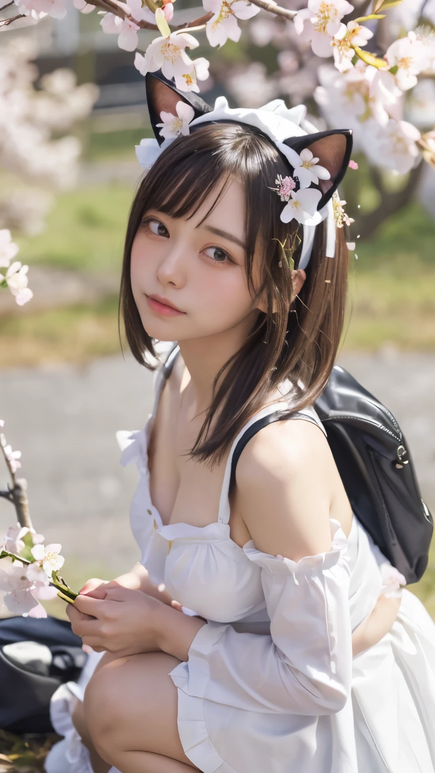 8k, best quality, masterpiece, realistic, ultra detail, photo realistic, Increase quality,
a photo of a beautiful girl sitting in the top of mountain, Open legs, colourful bikini, Big mountain backpack, (Plump breast:1.3), blushed face, natural beauty, Long brown hair, (Japanese idle:1.4),
masterpiece, 4k, bokeh, (multiple girls:1.4), Beautiful high school girl, Blushed face, (Japanese idle:1.6), (cat ears:1.4), (white Bob hair:1.4),
looking at the viewer, (white maid costume:1.6), closeup, sundown,
1girl,(Cherry blossoms in full bloom on branches in the foreground:1.6),looking_up,(aerial:1.2),available light,(best quality:1.2),