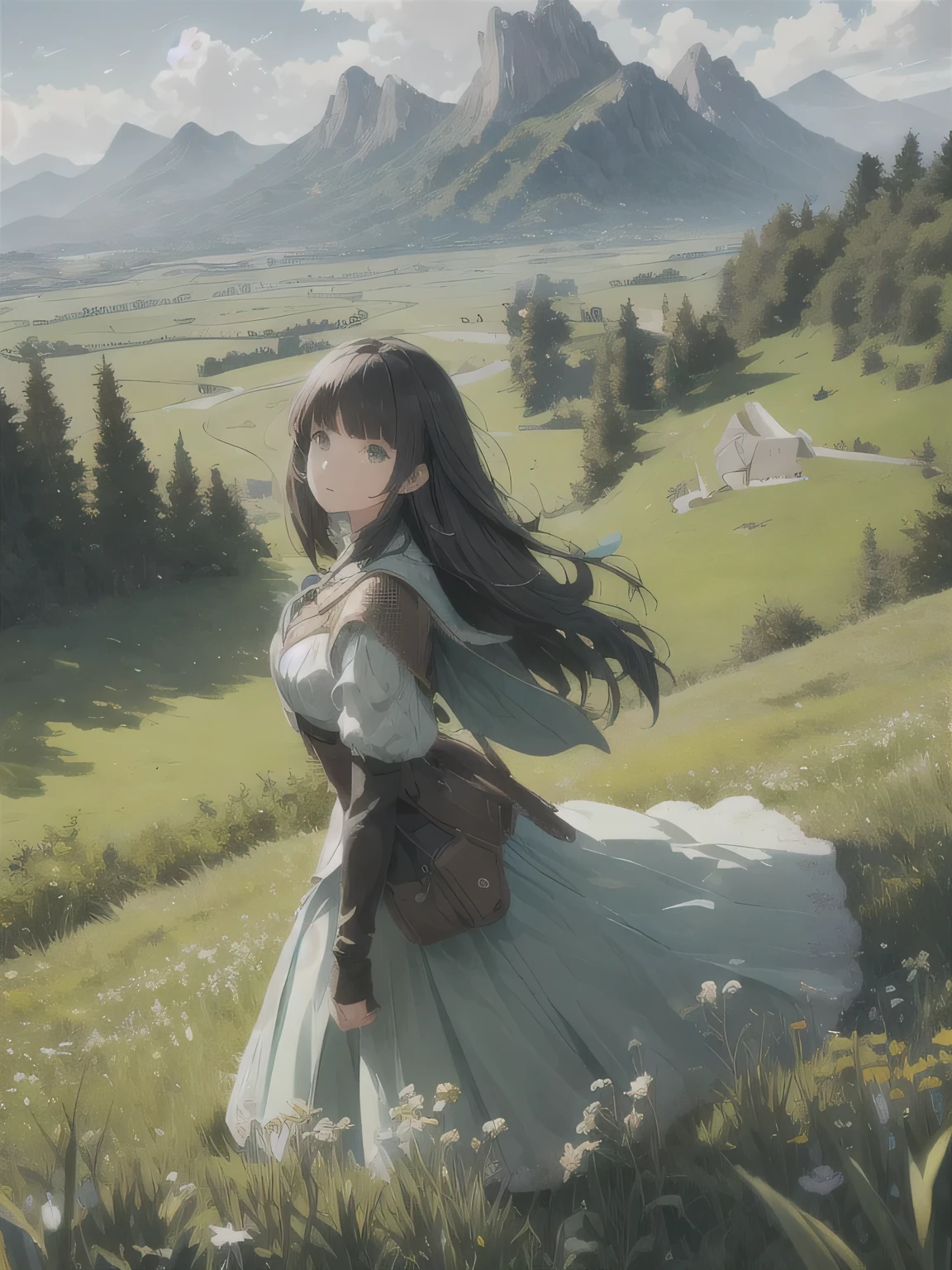 In a green meadow stands a girl leading a group of knights.
BREAK
With a brave expression, she guides them towards their destination.
BREAK
Behind her, a green forest stretches out and beyond that, mountains rise in the distance.
BREAK
The most suitable effect for this scene would be a watercolor painting technique to capture the softness of the meadow and the fluidity of the movement.