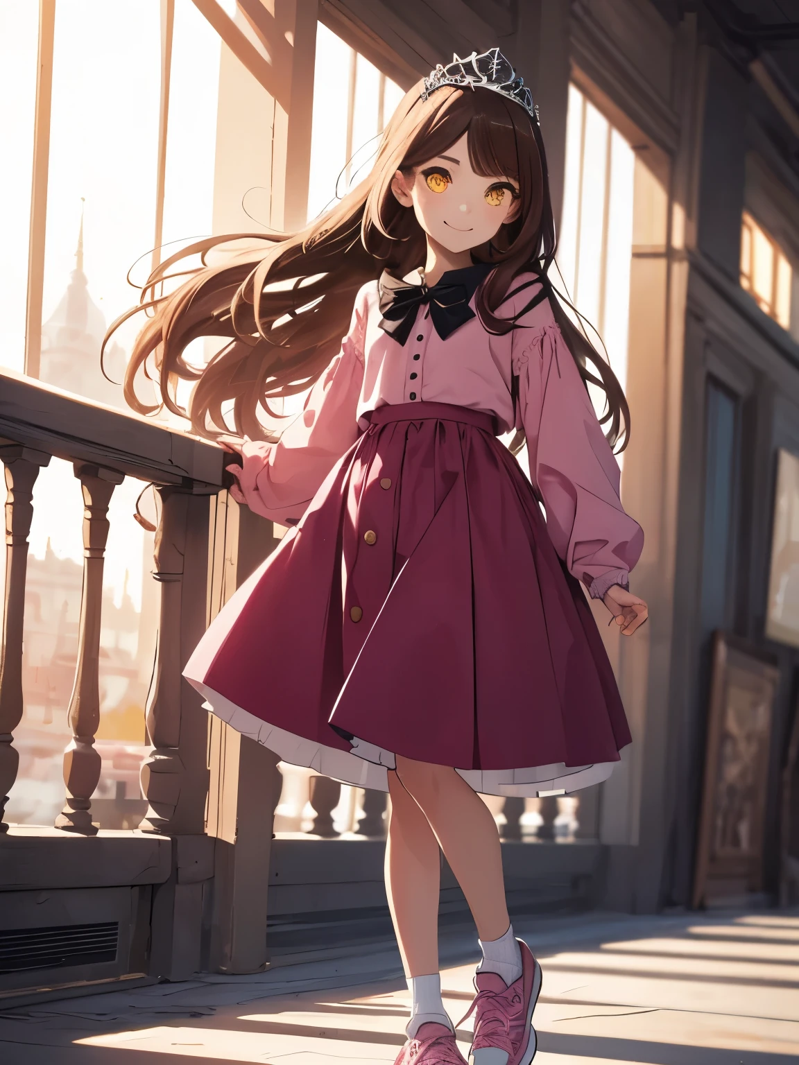 ((obra de arte)),(((Melhor qualidade))),(ficha de design de personagem, mesmo personagem, frente, lado, voltar), girl, best quality, brown hair, long hair, pink  outfit with a pink midi skirt, fair skin, a cheerful smile, white socks and black sneakers on her feet 8k, long sleeve blouse, yellow colored eyes, She has bangs in her hair, she wears a small, simple pink tiara without any decoration.