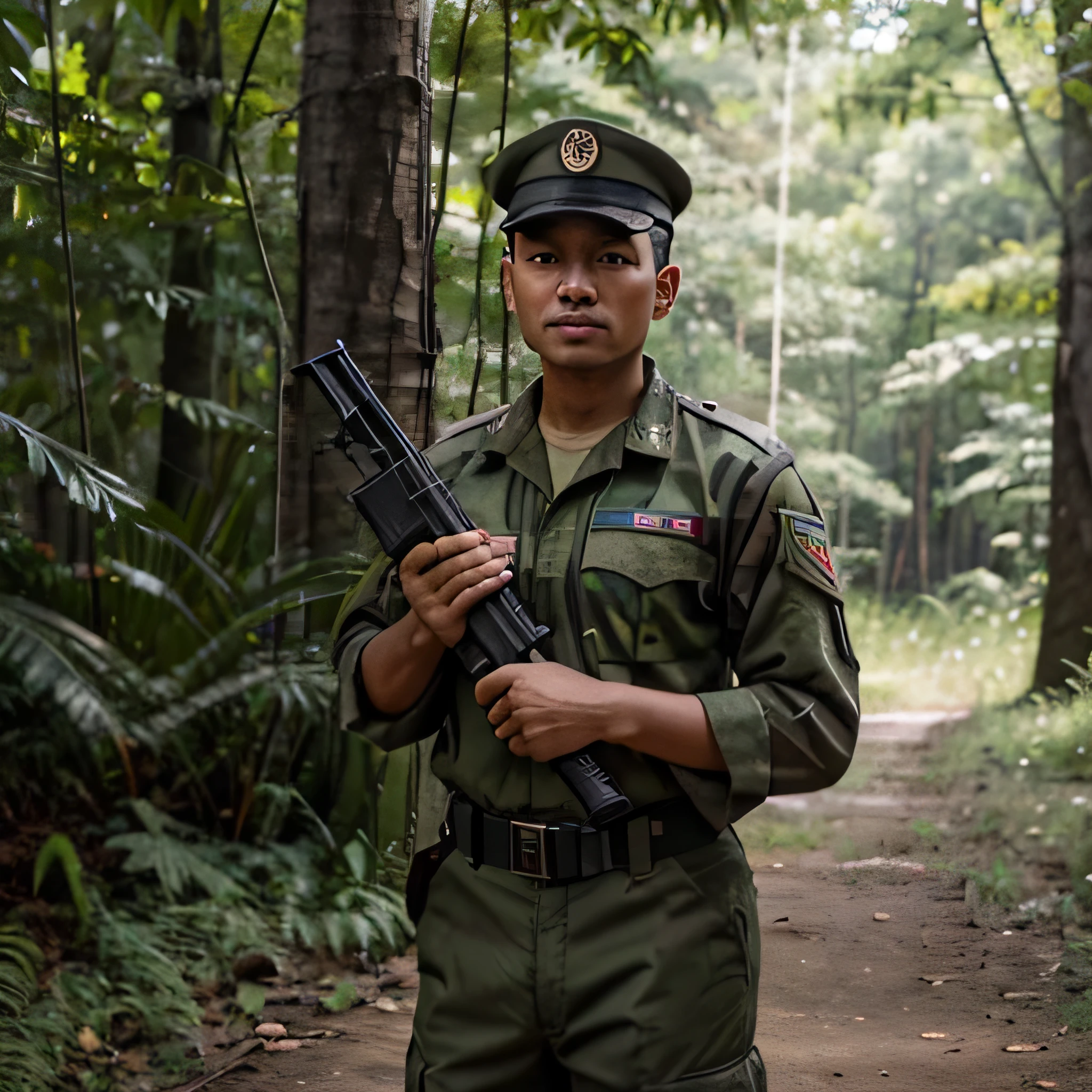 A man is wearing a military shirt and military pants. He is wearing military boots. He is wearing a military hat. The hat has a Burmese flag logo on it. He is holding a rifle in both hands. The background is a natural forest.