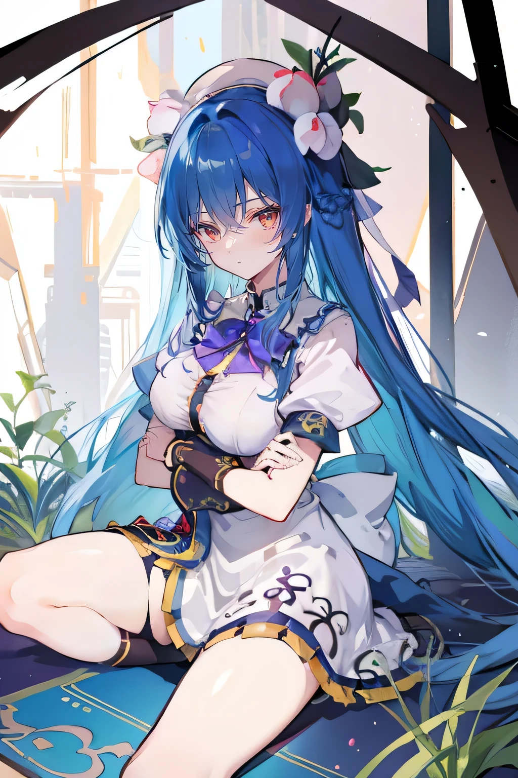 Close up of woman with long blue hair sitting on carpet, Anime cute art style, Cute anime waifu wearing nice clothes, guweiz, anime style 4k, 《Genshin》Ke Qingyu, Highest rated on pixiv, best anime 4k konachan wallpapers, mikudayo, Hestia, Cyan hair anime girl, night nucleus