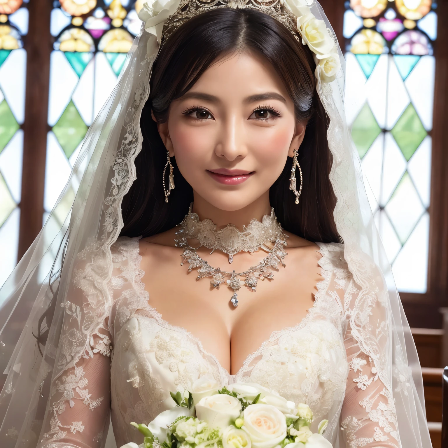 (table top、highest quality、8K、very detailed and intricate details、The most complex and detailed textures、ultra high resolution)、(1 50 year old mature bride:1.5)、(wrinkled face:1.5)、(1 50 year old mature bride:1.5)、(perfect wedding lace:1.3)、(The most extravagant and finest huge wedding dresses:1.2)、(The most luxurious and highest quality giant tiara:1.2)、(The most luxurious and highest quality giant necklace:1.2)、(the best smile looking at me:1.1)、(Large quantity of finest jewelry ornaments:1.1)、The most luxurious and classy decoration、The most luxurious church wedding、elegant and modern church、Stylish and elegant contemporary church、Delicate and luxurious stained glass、upper body photo、the most extravagant wedding、perfect makeup、shiny bright lipstick、perfect mascara、beautiful eyeshadow、Lustrous and beautiful skin、long eyelashes、Super high-definition sparkling eyes、ultra high definition hair、ultra high resolutionの光沢のある唇、ultra high resolutionの完璧な歯、ultra high resolutionのかわいい顔、(Beautiful skin that shines very brightly:1.4)、(very bright and vivid:1.3)、(body and face facing directly towards me:1.3)、(A body facing straight towards me:1.1)、close up of face