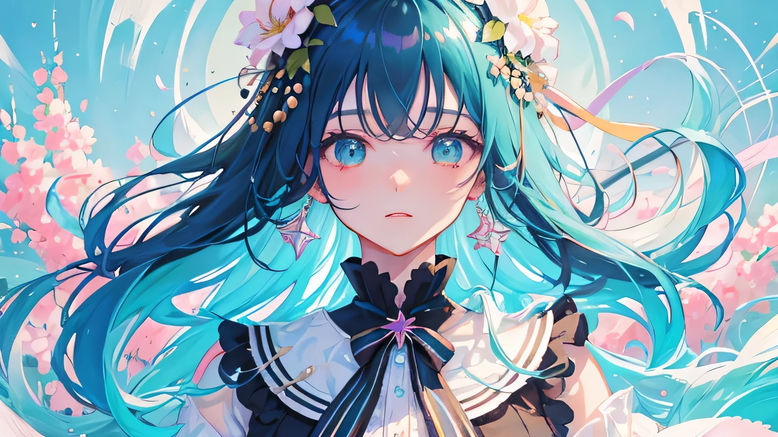 (masterpiece), (best quality), (super detailed), (disheveled hair), (illustration), (1 girl), (fashionable clothes), standing, fashion model, watch the viewer, (interview), (brief background), beautiful detailed eyes, delicate beautiful face, floating, (high saturation), (colorful splash), colorful bubbles, (shining), focus on face, kamisato ayaka, Turquoise color hair, bangs, hair rings, floating flowers, floating hair. Girls, anime wives, viewers watch, highly detailed, reflective transparent iridescent colors, long transparent iridescent RGB hair, art station art bee ssela fleur, thick acrylic, pixiv illustration, waist up portrait, gorgeous sacred girl, top quality, super detailed, sad, smart, beautiful face, beautiful Ryton black background, Character stvle rendered by Octane,