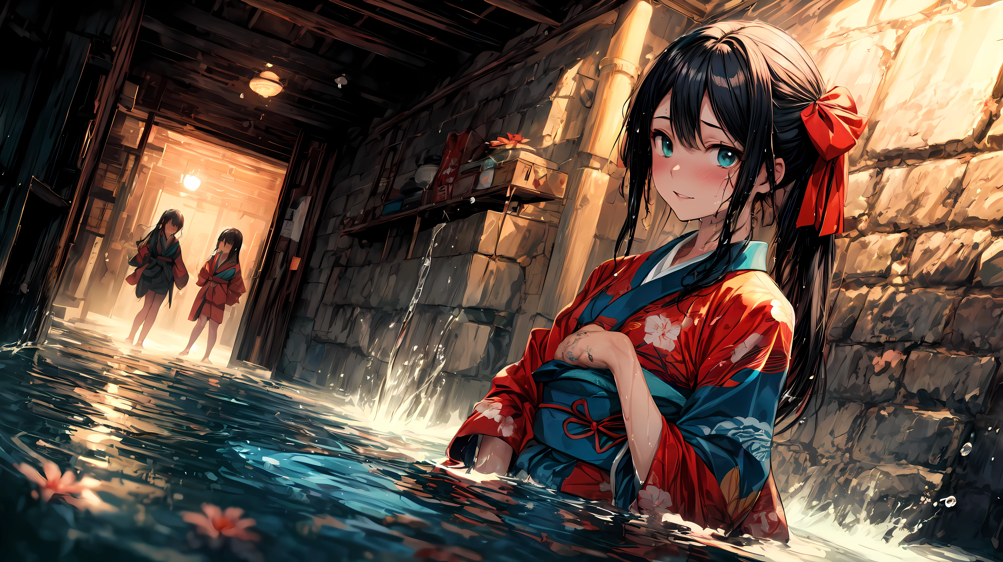 super quality, High resolution, intricate details, panoramic, Dutch Cape, (2 little girls) wear (Flower kimono), cotton kimono, (Red and cyan kimono:1.15), (Very big kimono, Yamato clothing sleeves, best cotton texture, Best Wrinkles on a Kimono), (Yuri, lesbian), (deep kiss,gender:1.2), whole body, beautiful eyes, (Partially submerged:1.1),Part of the kimono in the water, (squirt, water column:1.1) (wet, very wet kimono, wet body, wet long black hair, wet kimono sleeve, wet kimono drees, wet skin:1.1), (clear mucus wrap, water droplets), immerse in water, Poignant and poignant, Smiling in despair, smile in sadness, Keep your mouth shut, (Beautiful and delicate water:1.1), (dark dungeon, 黑暗潮wet水牢, hermetic space:1.15), (a), dark light, light source, (An atmosphere of despair:1.15), (water mist), Inspired by the manga of Itcho Hanaya, pixiv contest winners, Ukiyo-e, Ukiyo-e art style, Ukiyo-e style, Japanese art style, Japanese illustrator,