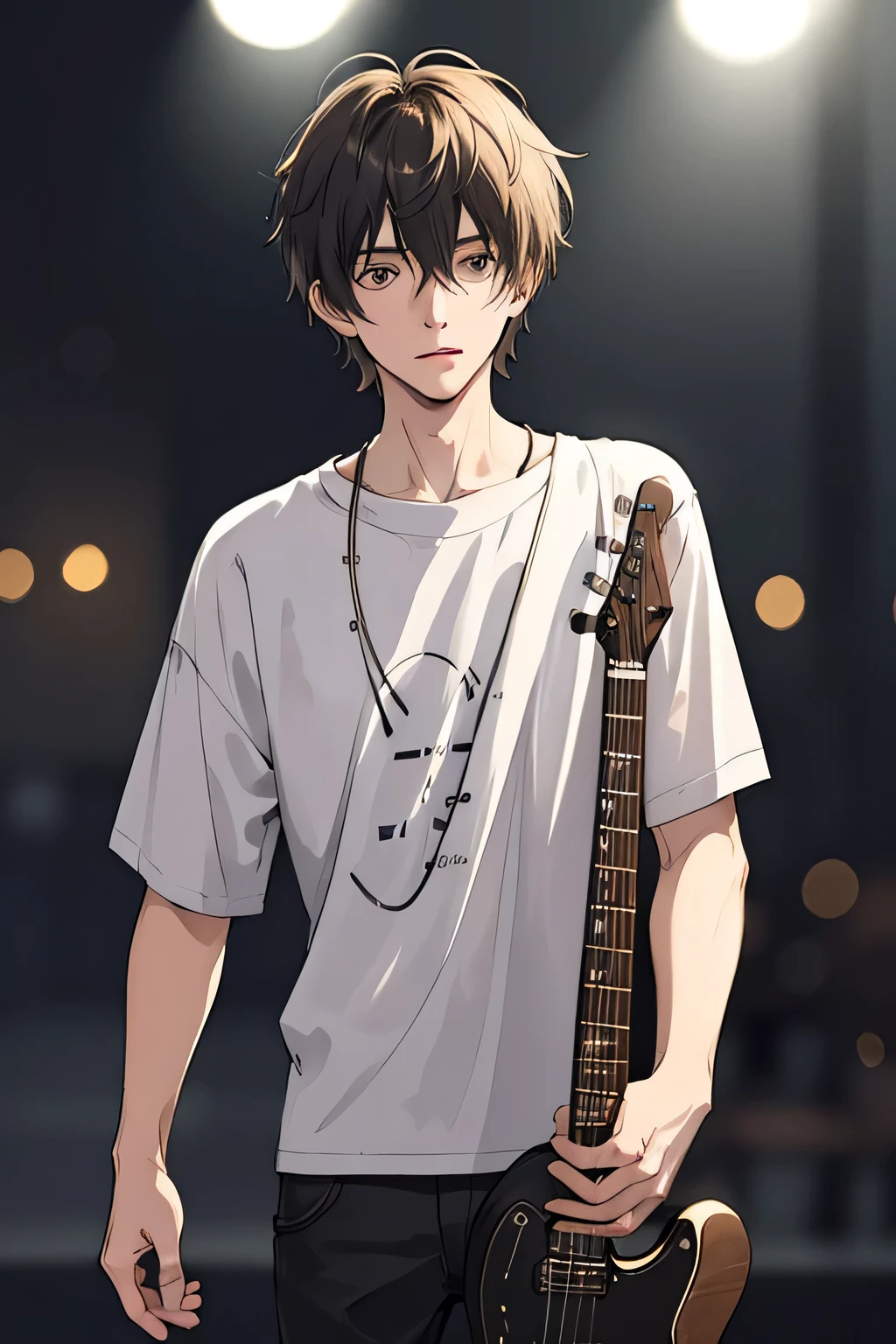 one man, messy short hair, Electric guitar, focus only, (written boundary depth, diffused lighting, blurred foreground, blurred background:1.3), in the atmosphere, lights flashing, intricate details, improved lighting,Standing picture,( front)