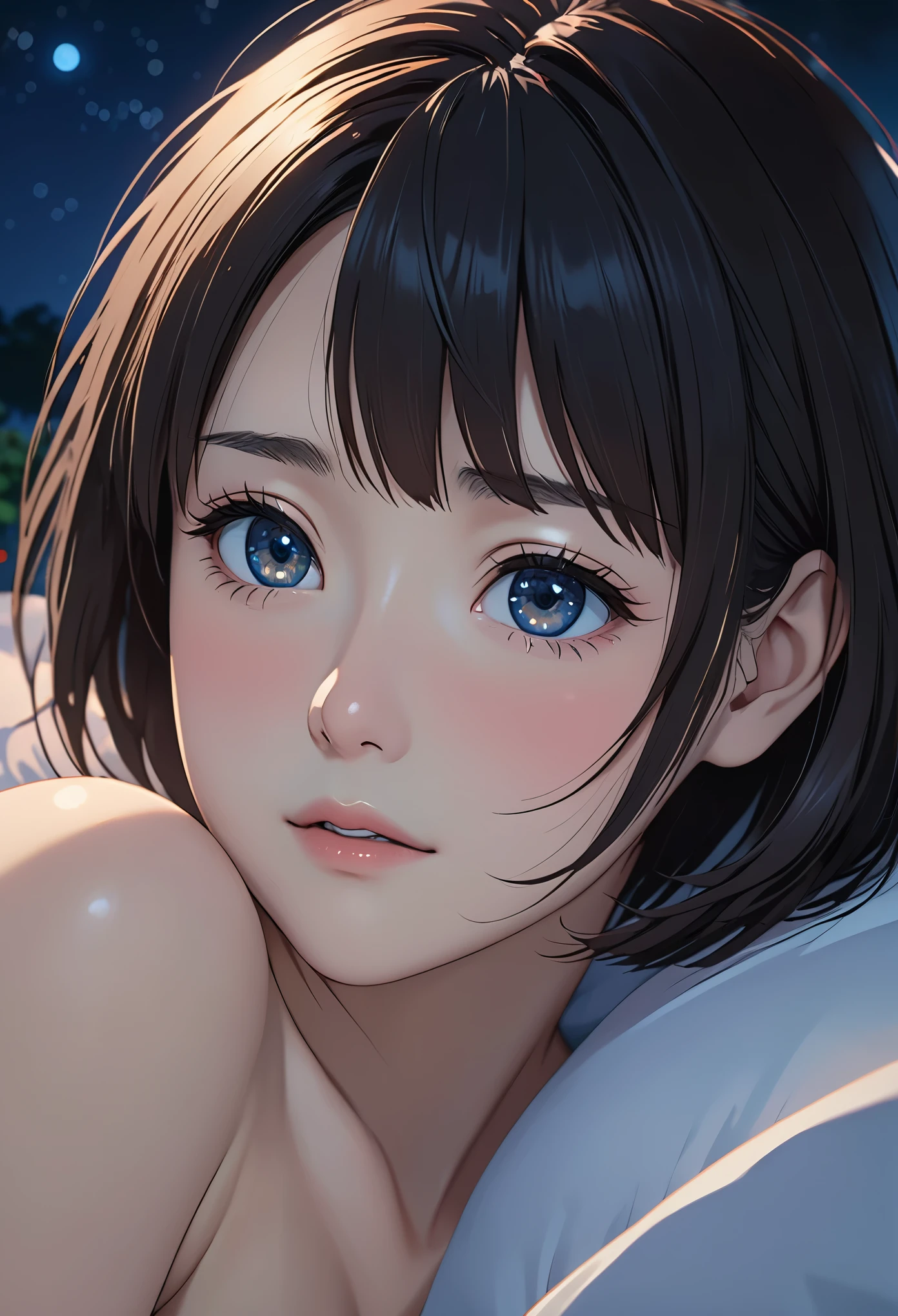 masterpiece, High resolution, figure, Kyoto Animation Style, Your Name Movie Style, night, midnight, Light, (1 female: 1.3), (alone: 1.4), Long eyelashes, Short Bob, Red nose, futon, Lying down, naked, Face close-up, Hide with hand胸部, Hide with hand,