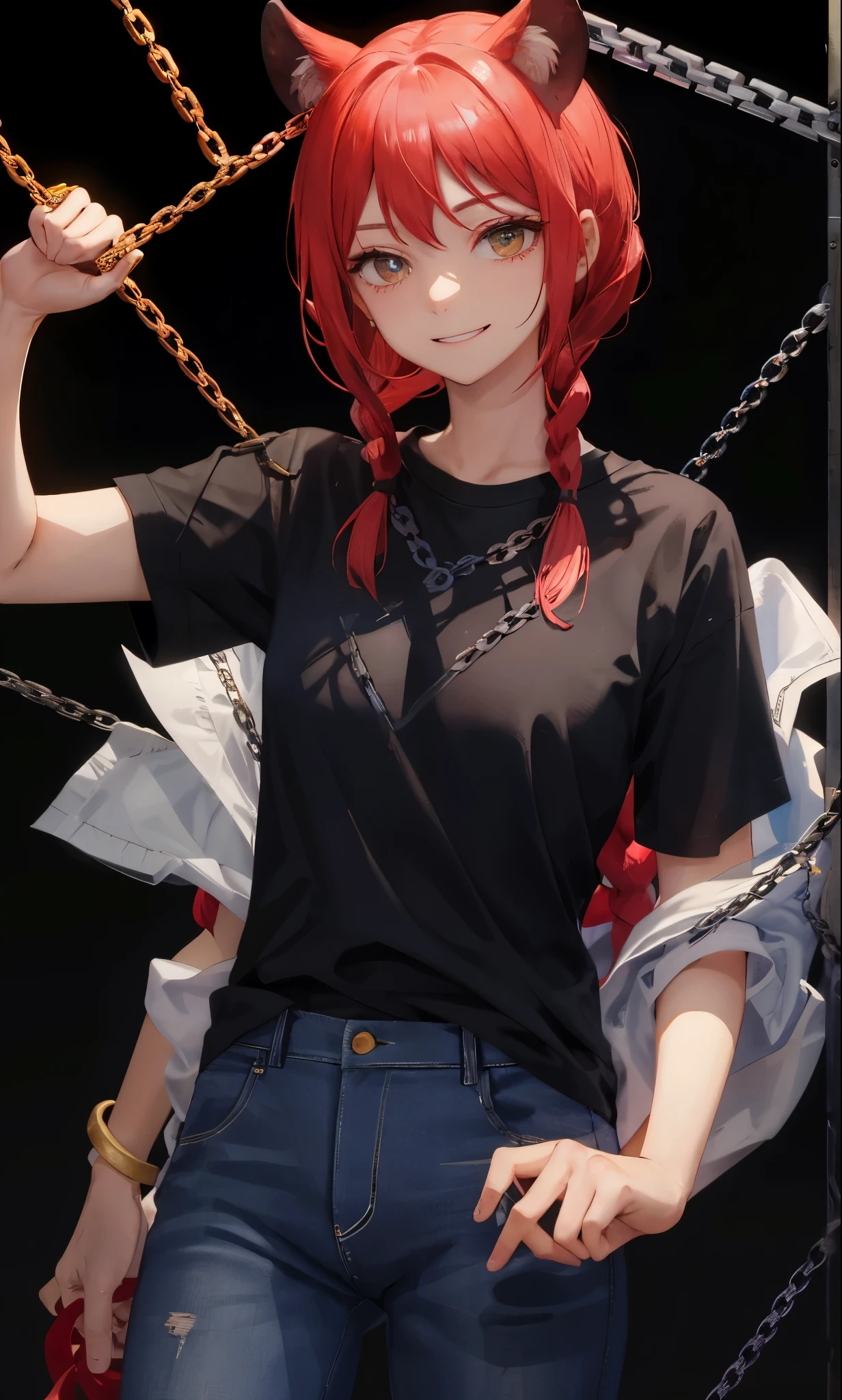 (masterpiece), (最好of质量), 最好of质量, Super detailed, a girl, 独自of, permanent, Red hair, long braids, 金色of眼睛, tie up \(Asexuality\), Bangs, Medium chest, gaze, Smile, (of:1.2), Look at the audience, (interview:1.3), (dark background, chain:1.3), Black T-shirt, jeans,