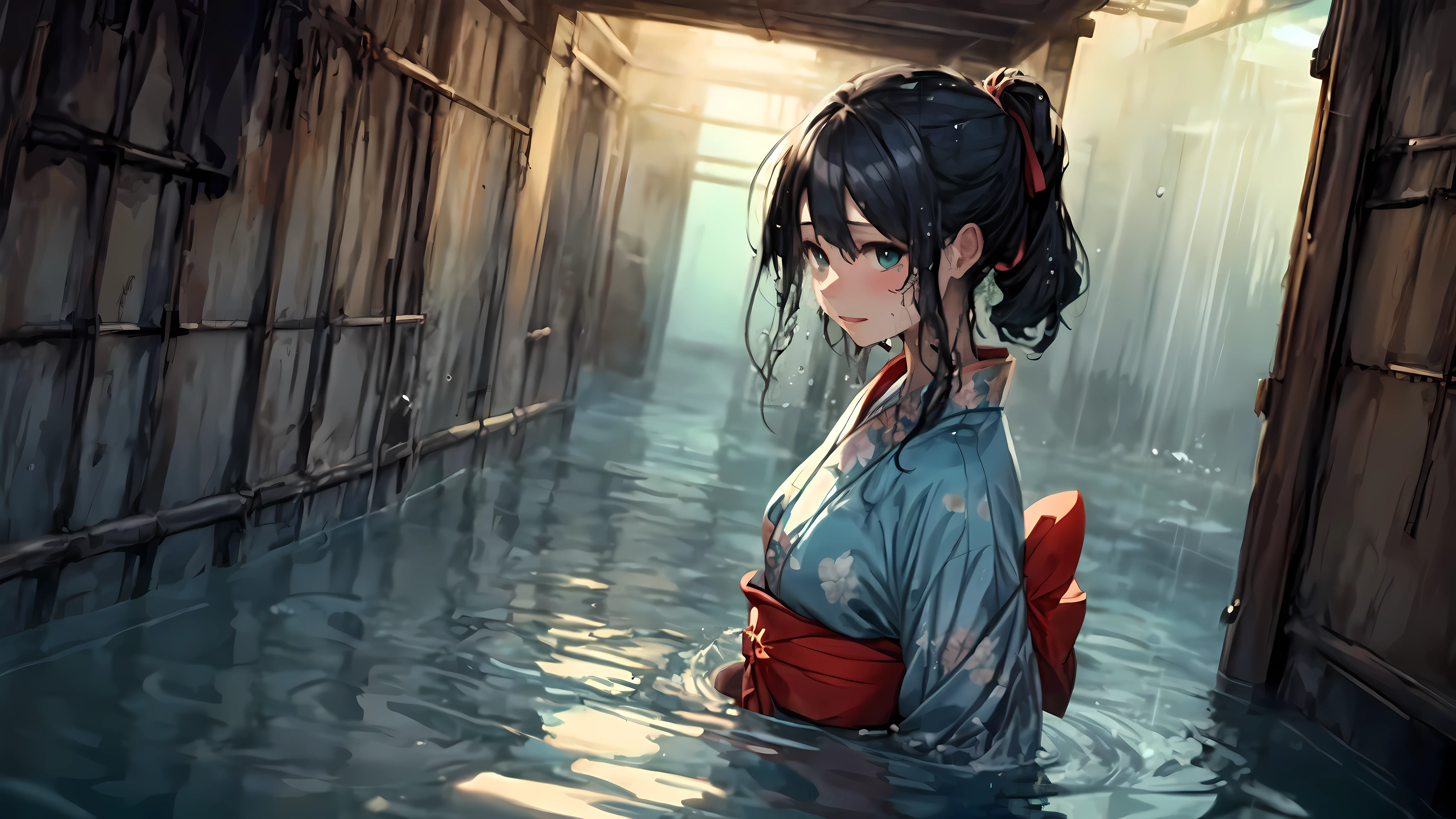 super quality, High resolution, intricate details, panoramic, Dutch Cape, (2 ) wear (Flower kimono), cotton kimono, (Red and cyan kimono:1.15), (Very big kimono, Yamato clothing sleeves, best cotton texture, Best Wrinkles on a Kimono), (Yuri, lesbian), (deep kiss,gender:1.2), whole body, beautiful eyes, (Partially submerged:1.1),Part of the kimono in the water, (squirt, water column:1.1) (wet, very wet kimono, wet body, wet long black hair, wet kimono sleeve, wet kimono drees, wet skin:1.1), (clear mucus wrap, water droplets), immerse in water, Poignant and poignant, Smiling in despair, smile in sadness, Keep your mouth shut, (Beautiful and delicate water:1.1), (dark dungeon, 黑暗潮wet水牢, hermetic space:1.15), (a), dark light, light source, (An atmosphere of despair:1.15), (water mist), Inspired by the manga of Itcho Hanaya, pixiv contest winners, Ukiyo-e, Ukiyo-e art style, Ukiyo-e style, Japanese art style, Japanese illustrator,