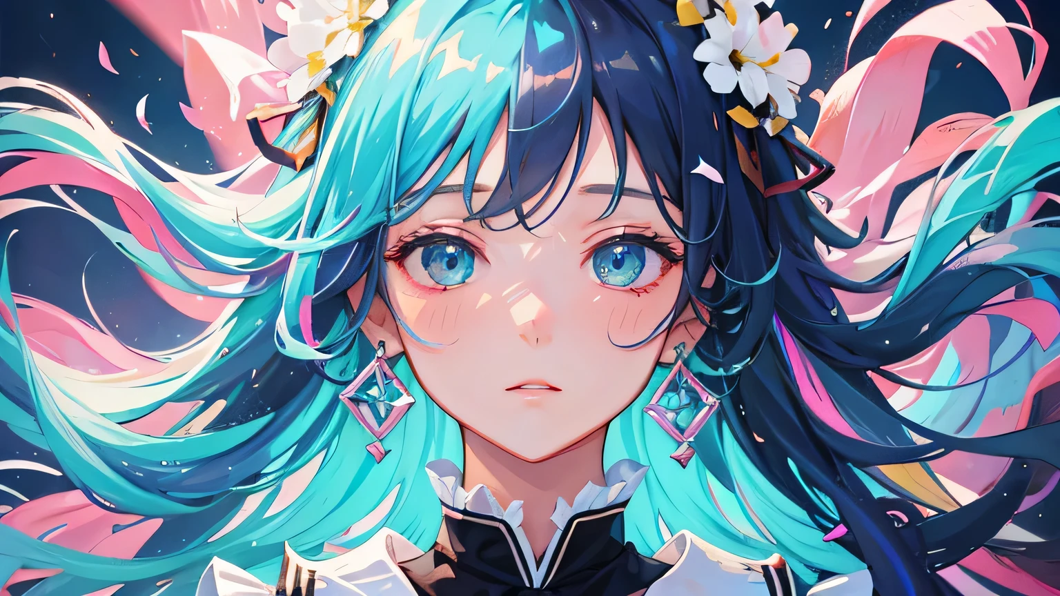 (masterpiece), (best quality), (super detailed), (disheveled hair), (illustration), (1 girl), (fashionable clothes), standing, fashion model, watch the viewer, (interview), (brief background), beautiful detailed eyes, delicate beautiful face, floating, (high saturation), (colorful splash), colorful bubbles, (shining), focus on face, kamisato ayaka, Turquoise color hair, bangs, hair rings, floating flowers, floating hair. Girls, anime wives, viewers watch, highly detailed, reflective transparent iridescent colors, long transparent iridescent RGB hair, art station art bee ssela fleur, thick acrylic, pixiv illustration, waist up portrait, gorgeous sacred girl, top quality, super detailed, sad, smart, beautiful face, beautiful Ryton black background, Character stvle rendered by Octane,