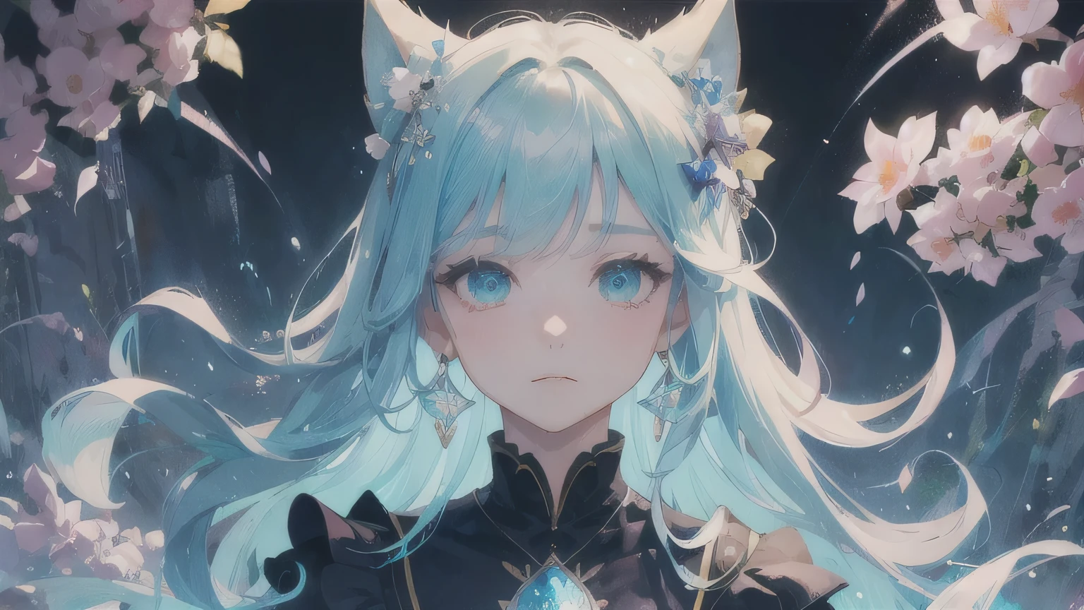 (masterpiece), (best quality), (super detailed), (disheveled hair), (illustration), (1 girl), (fashionable clothes), standing, fashion model, watch the viewer, (interview), (brief background), beautiful detailed eyes, delicate beautiful face, floating, (high saturation), (colorful splash), colorful bubbles, (shining), focus on face, kamisato ayaka, Turquoise color hair, bangs, hair rings, floating flowers, floating hair. Girls, anime wives, viewers watch, highly detailed, reflective transparent iridescent colors, long transparent iridescent RGB hair, art station art bee ssela fleur, thick acrylic, pixiv illustration, waist up portrait, gorgeous sacred girl, top quality, super detailed, sad, smart, beautiful face, beautiful Ryton black background, Character stvle rendered by Octane,