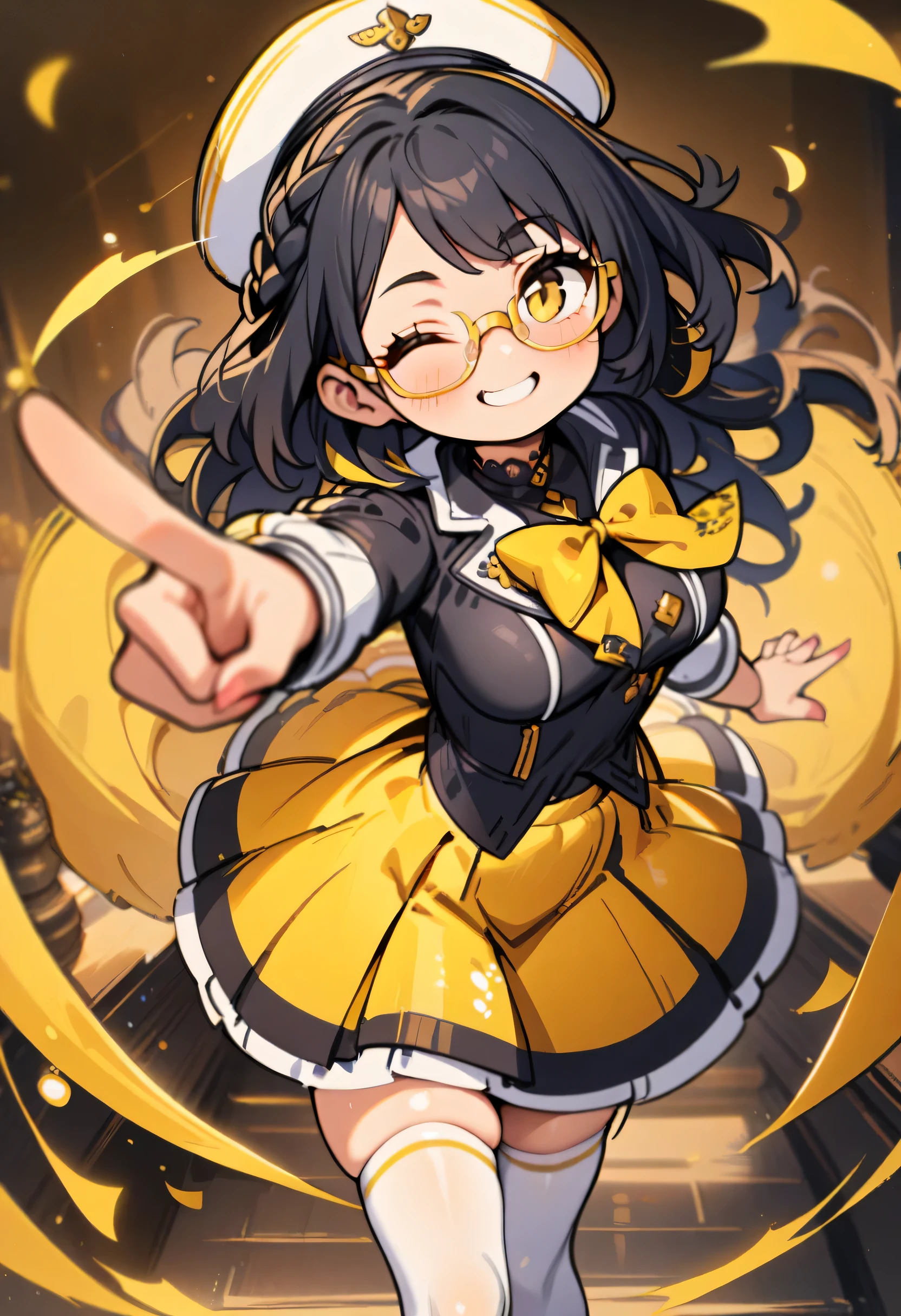 1 girl, alone, one eye closed, black hair, long hair, Glasses, yellow eyes, skirt, Raise your legs high, Smile, have, looking at the audience, Yellow-rimmed glasses, braid, white Raise your legs high, pleated skirt, circle skirt,(masterpiece,best quality:1.2)