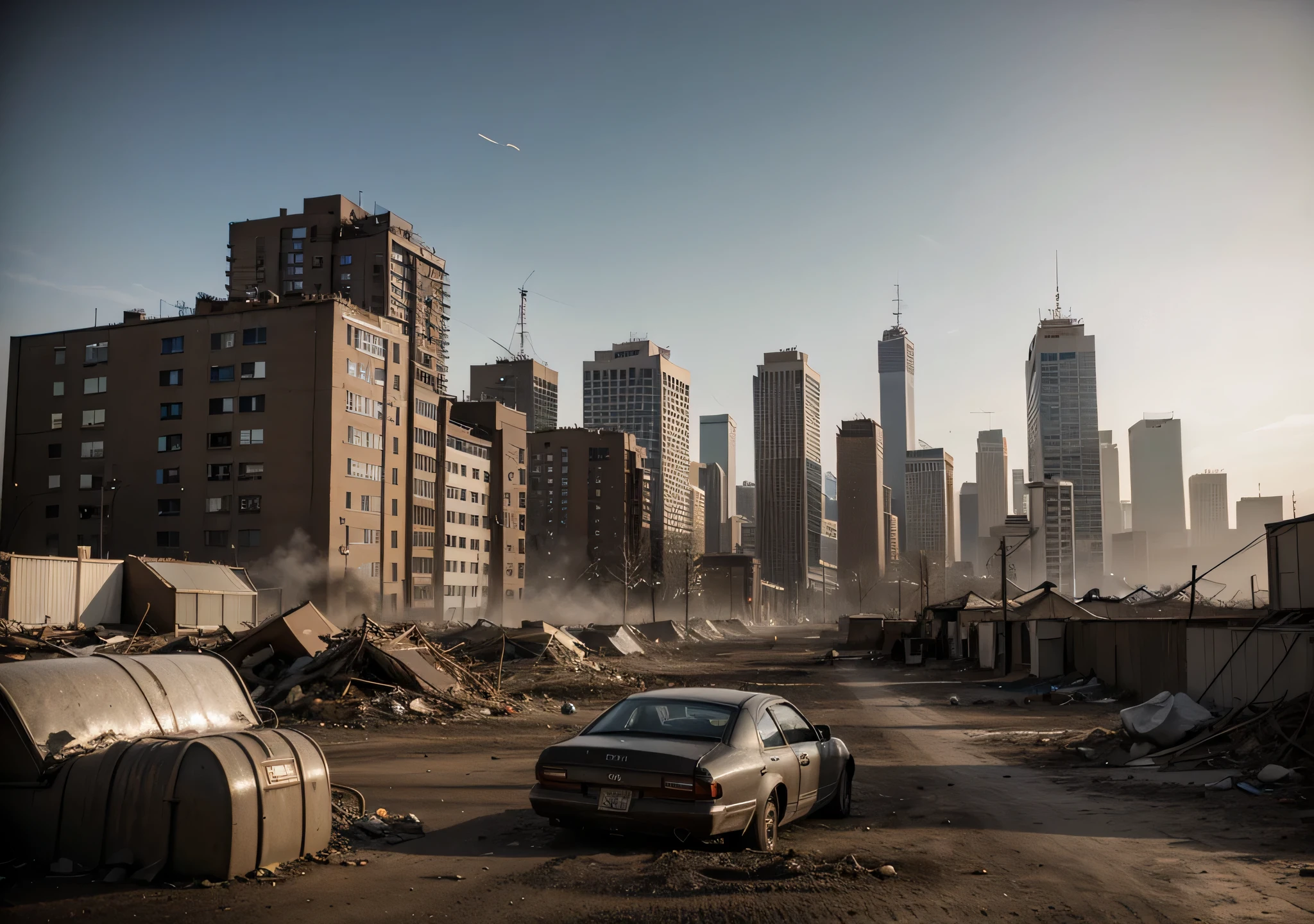 Abandoned cities, dilapidated roads, collapsed buildings, rusted vehicles, cluttered, fires in some floors, helicopter crashes