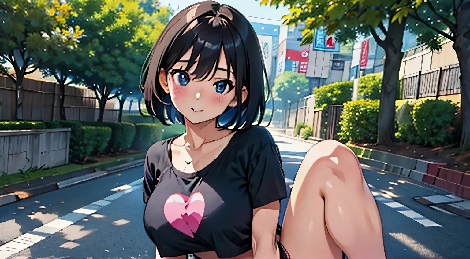 4K, A high resolution, Best quality at best, masterpiece, perfect colors, perfect shadow, perfect litthing, ((sportrait)), Anime girl sitting in car with hand on chin, Anime visuals of cute girls, Seductive Anime Girl, charming anime girls, anime styled, High quality anime art style, Beautiful anime girl, young anime girl, Anime Girl, Anime Girl with Long Hair, tight crop top, big breast, half breast open, background is Tokyo city 80s, an anime girl, Cute anime girl, face closeup
