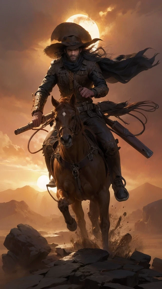 best quality, Detailed facial expressions, Sunset, rugged terrain, Cowboy hat, boots, horse, revolver, leather jacket, lasso, intense action, dynamic composition, wide angle viewing angle, dusty atmosphere, Warm colors, dramatic lighting, epic storytelling, strong emotions.