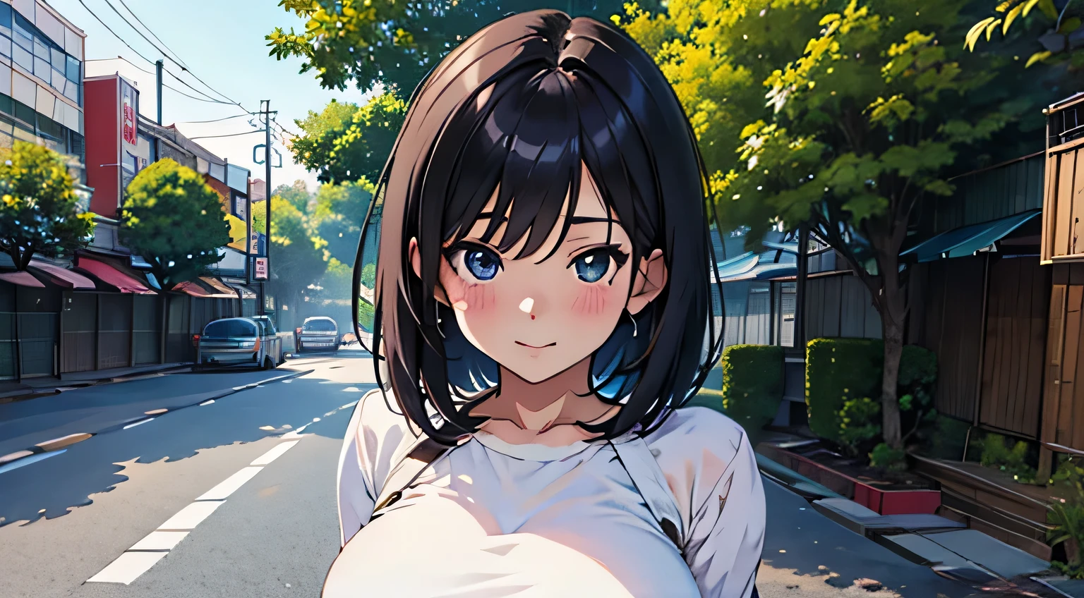 4K, A high resolution, Best quality at best, masterpiece, perfect colors, perfect shadow, perfect litthing, ((sportrait)), Anime girl sitting in car with hand on chin, Anime visuals of cute girls, Seductive Anime Girl, charming anime girls, anime styled, High quality anime art style, Beautiful anime girl, young anime girl, Anime Girl, Anime Girl with Long Hair, tight crop top, big breast, half breast open, background is Tokyo city 80s,  an anime girl, Cute anime girl, face closeup