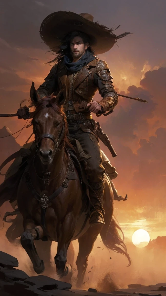 best quality, Detailed facial expressions, Sunset, rugged terrain, Cowboy hat, boots, horse, revolver, leather jacket, lasso, intense action, dynamic composition, wide angle viewing angle, dusty atmosphere, Warm colors, dramatic lighting, epic storytelling, strong emotions.