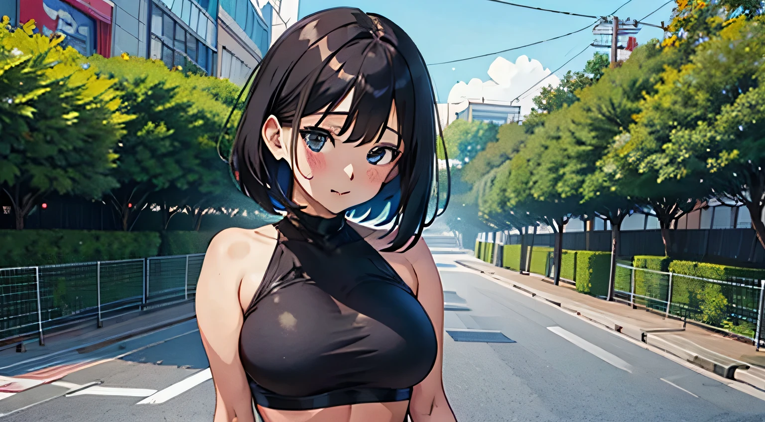 4K, A high resolution, Best quality at best, masterpiece, perfect colors, perfect shadow, perfect litthing, ((sportrait)), Anime girl sitting in car with hand on chin, Anime visuals of cute girls, Seductive Anime Girl, charming anime girls, anime styled, High quality anime art style, Beautiful anime girl, young anime girl, Anime Girl, Anime Girl with Long Hair, tight crop top, big breast, half breast open, background is Tokyo city 80s,  an anime girl, Cute anime girl, face closeup