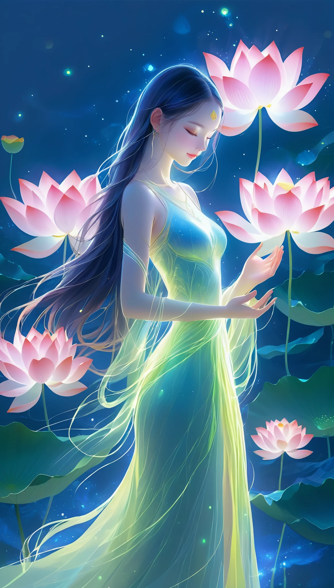 (masterpiece, best quality:1.2), In digital art style, charming illustration,peaceful picture，1 girl, a lotus，alone，Hands together，flowing long hair，body glow，long skirt，Glowing lines，fluorescence,glow example，Example tracking，flash，萤light particles，Backlight，Translucent，light particles，Correct human anatomy，