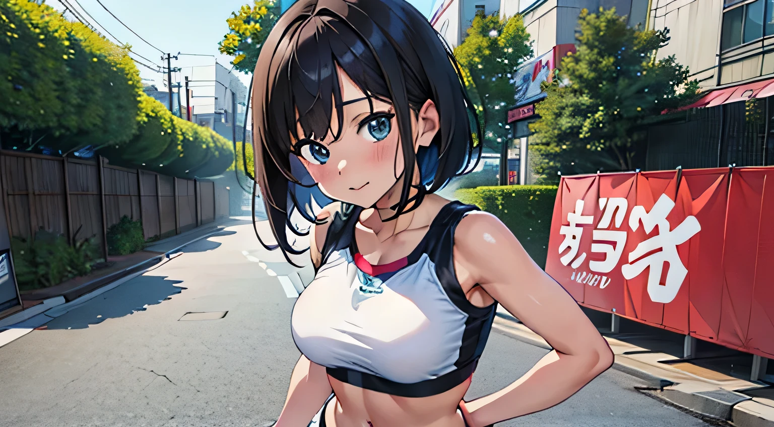 4K, A high resolution, Best quality at best, masterpiece, perfect colors, perfect shadow, perfect litthing, ((sportrait)), Anime girl sitting in car with hand on chin, Anime visuals of cute girls, Seductive Anime Girl, charming anime girls, anime styled, High quality anime art style, Beautiful anime girl, young anime girl, Anime Girl, Anime Girl with Long Hair, tight crop top, big breast, half breast open, background is Tokyo city 80s,  an anime girl, Cute anime girl, face closeup