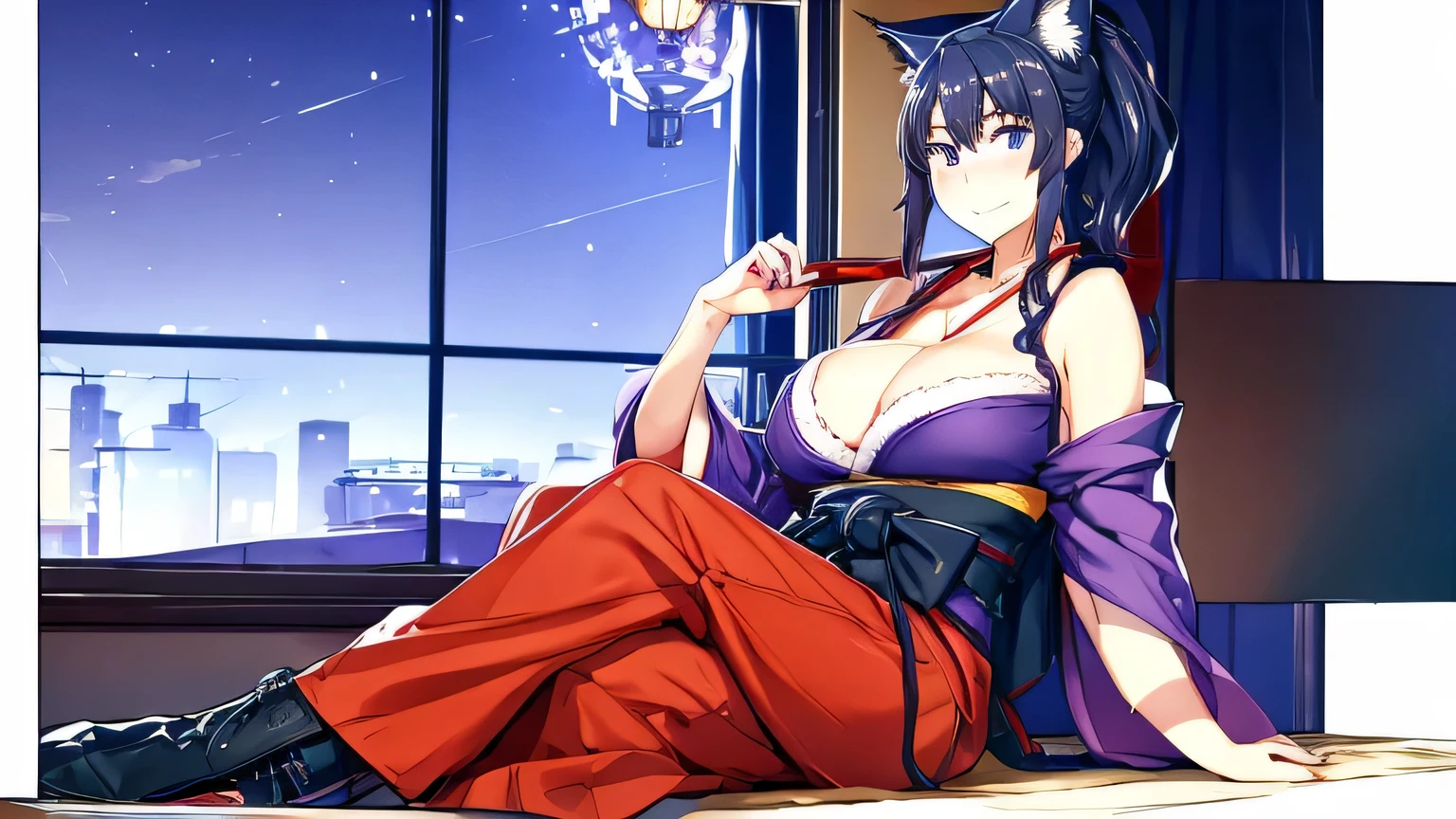 1 girl , alone ,Taisho Modern、huge breasts、deep cleavage、 greenish black hair、ponytail、fox ears、Brightly colored eyes、blue eyes、sunglasses、Dark purple kimono、red hair ornament、light purple long hakama、leather boots、Headphones around the neck、sunglasses、flashy necklace、sexy、charm、Wet、face turns red , sitting、Night city seen from the window