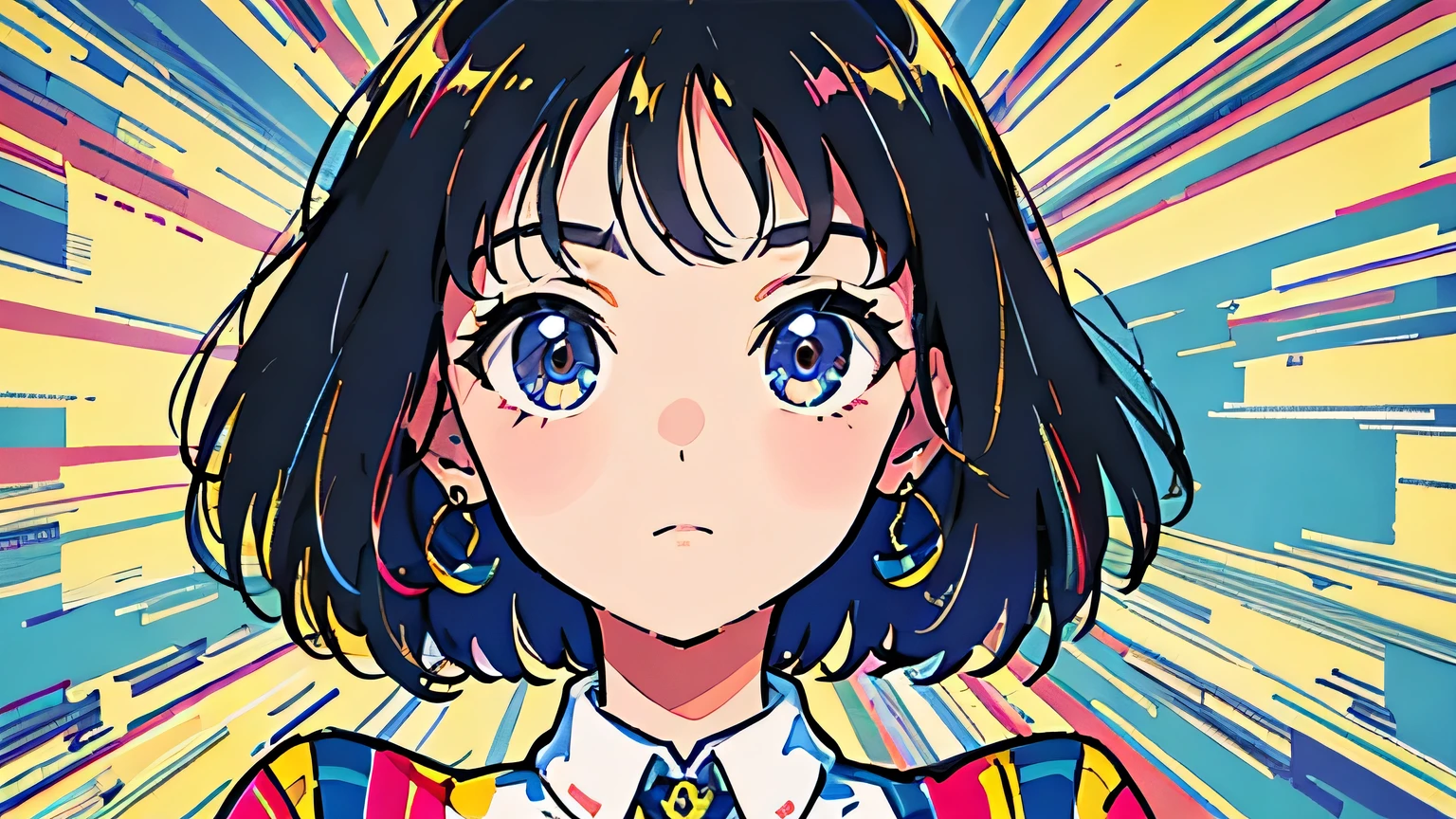 (flat color:0.9),(colorful:1.1),(masterpiece:1,2),retro,city pop, best quality, masterpiece, highres, original, extremely detailed wallpaper, looking at viewer,,,1girl,solo,Girl,Portrait