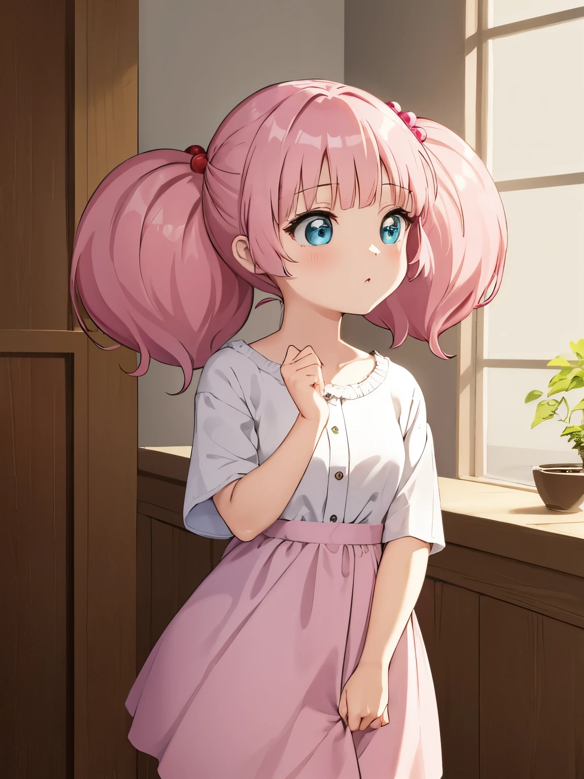 masterpiece, highest quality, very detailed, girl,twin tails, pink hair, hair ornaments,hair bobble, blue eyes,indoors,pussy