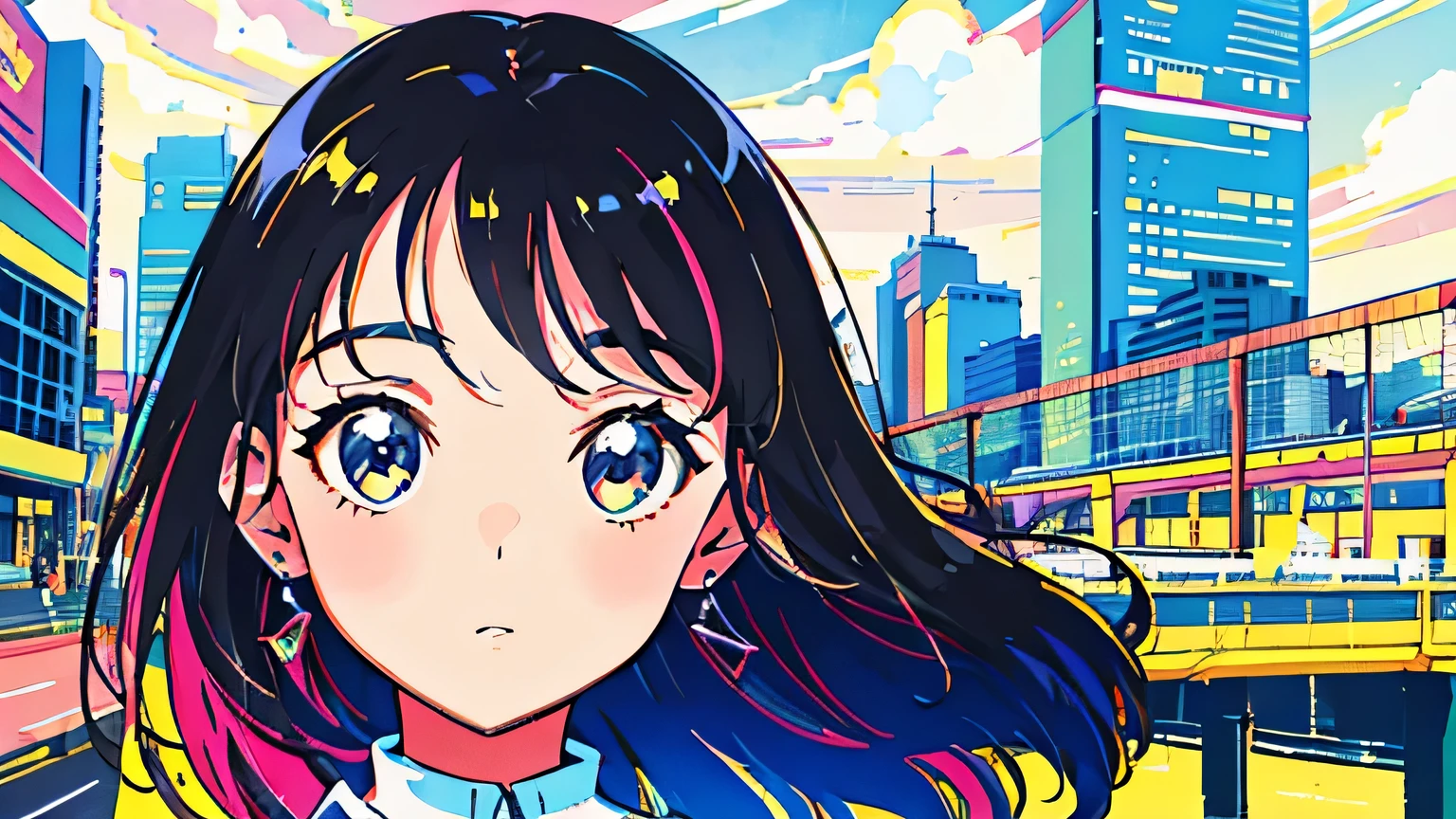 (flat color:0.9),(colorful:1.1),(masterpiece:1,2),retro,city pop, best quality, masterpiece, highres, original, extremely detailed wallpaper, looking at viewer,,,1girl,solo,Girl,Portrait